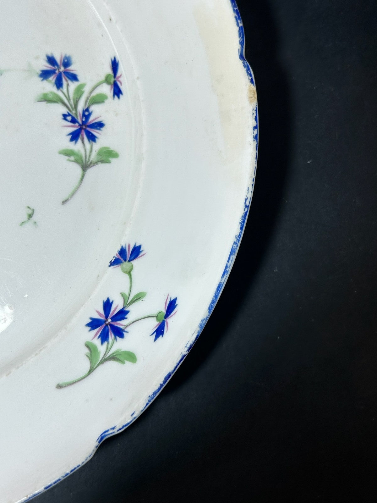 Pair Antique Plates Blue Cornflower Sprig Barbeau Pattern Blue Rim 24cm3