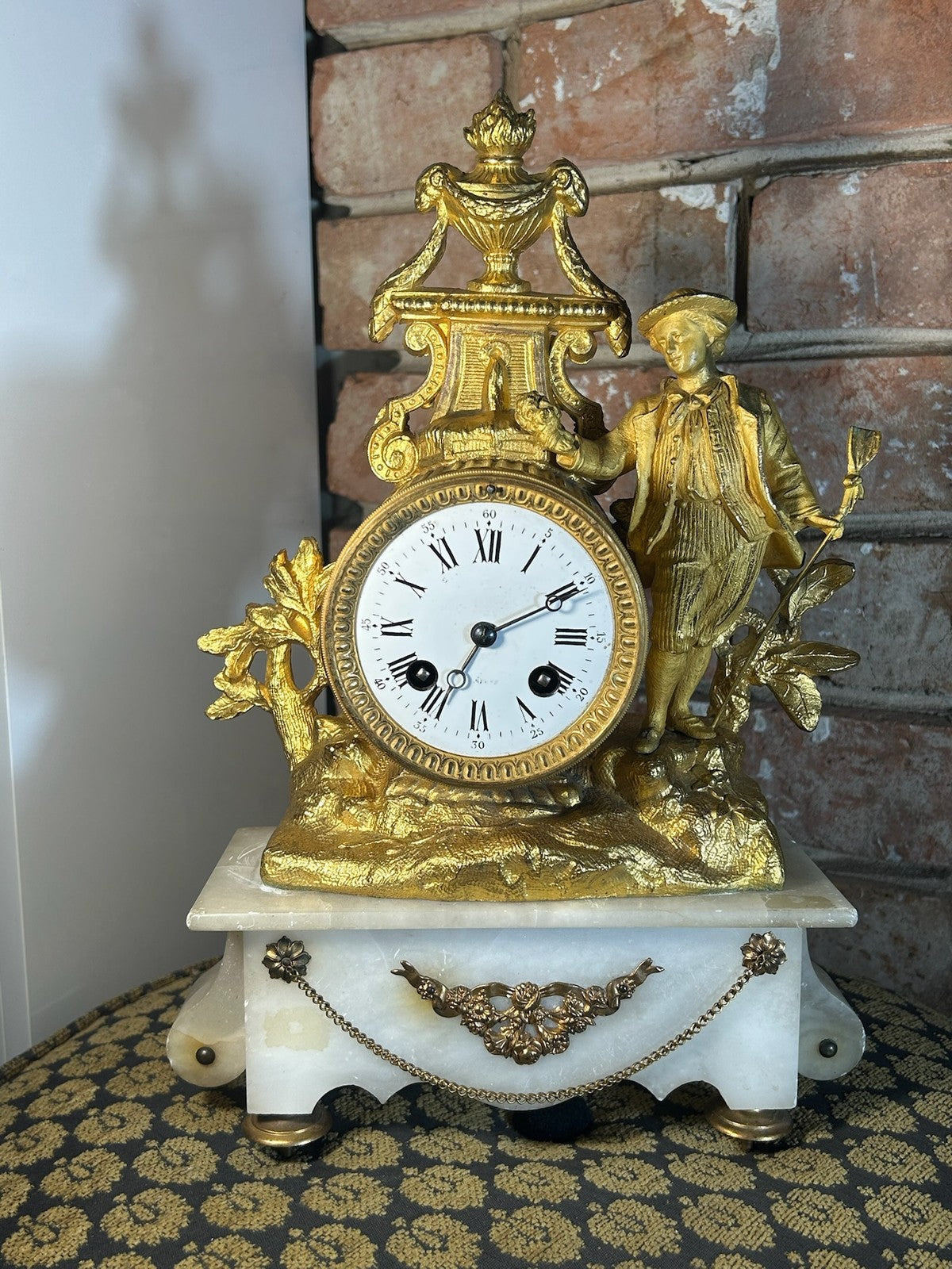 Antique French Gilt Metal Figural Mantel Clock White Marble Base Bell Strike3