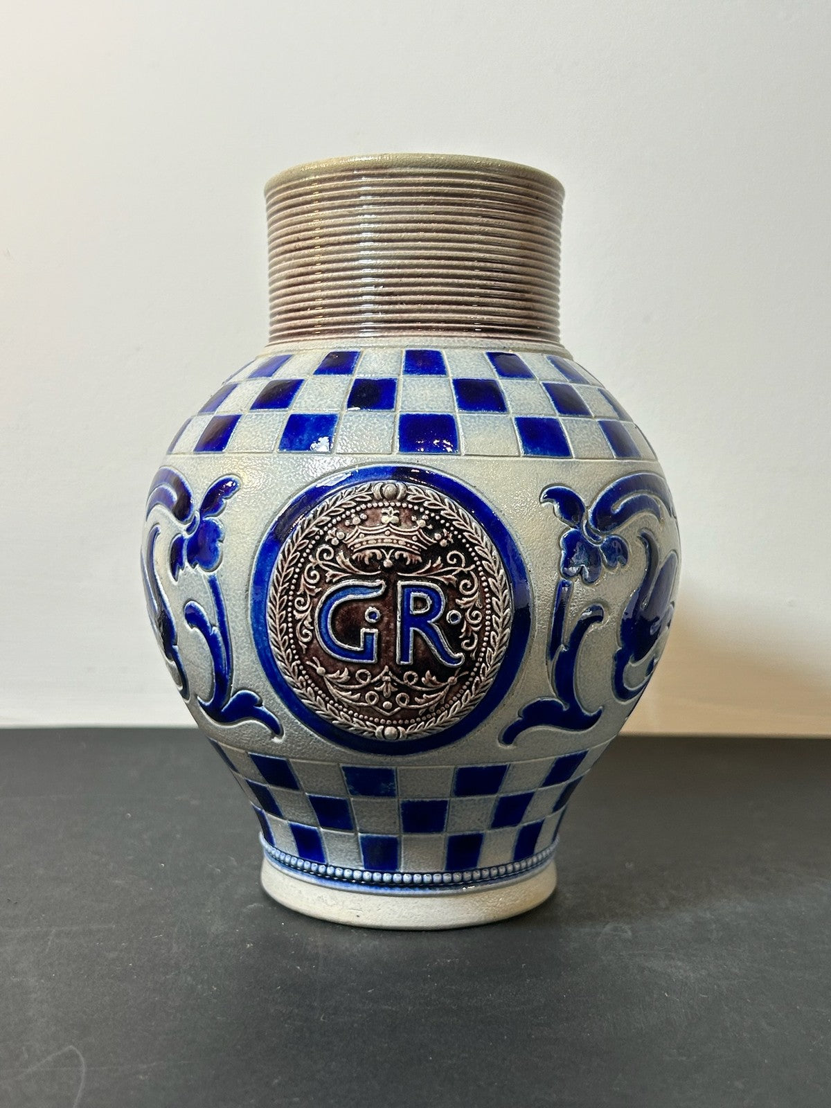 Westerwald Style Salt Glaze Stoneware Jug GR Medallion Cobalt Chequer 19cm0
