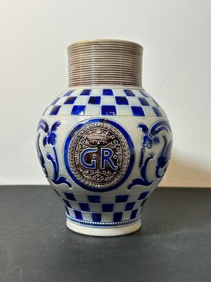 Westerwald Style Salt Glaze Stoneware Jug GR Medallion Cobalt Chequer 19cm