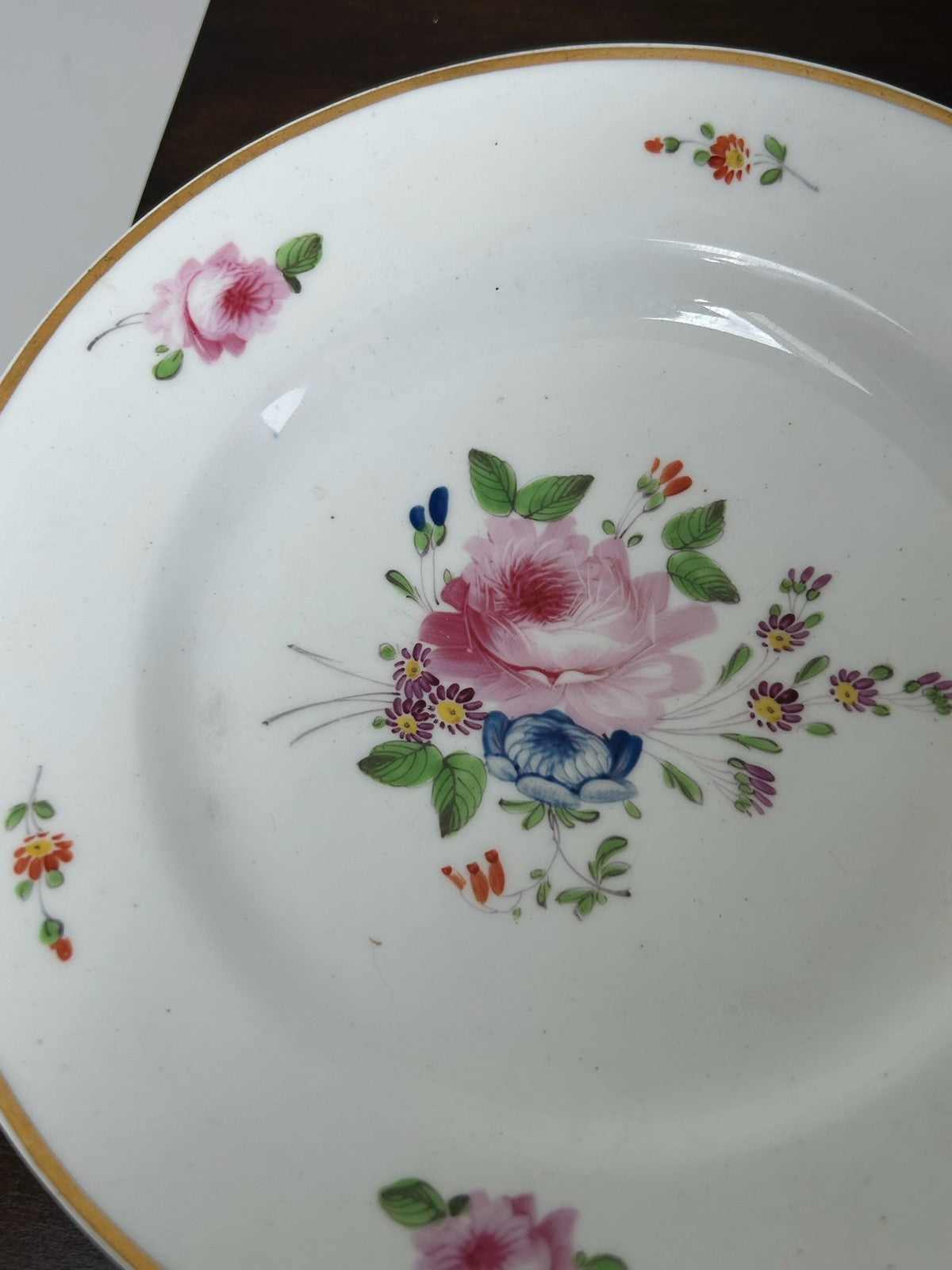 Pair Antique Derby Porcelain Dessert Plates Pink Roses Red Crown Mark c.18102