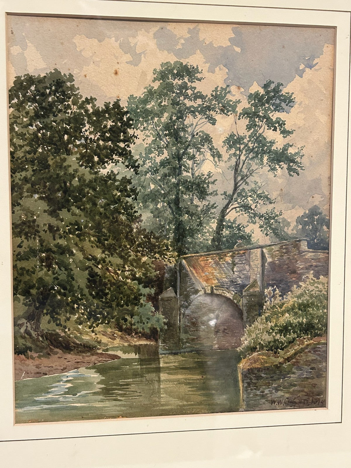 Antique Watercolour River Landscape Large Tree Figure on Bank Framed 43x50cm1