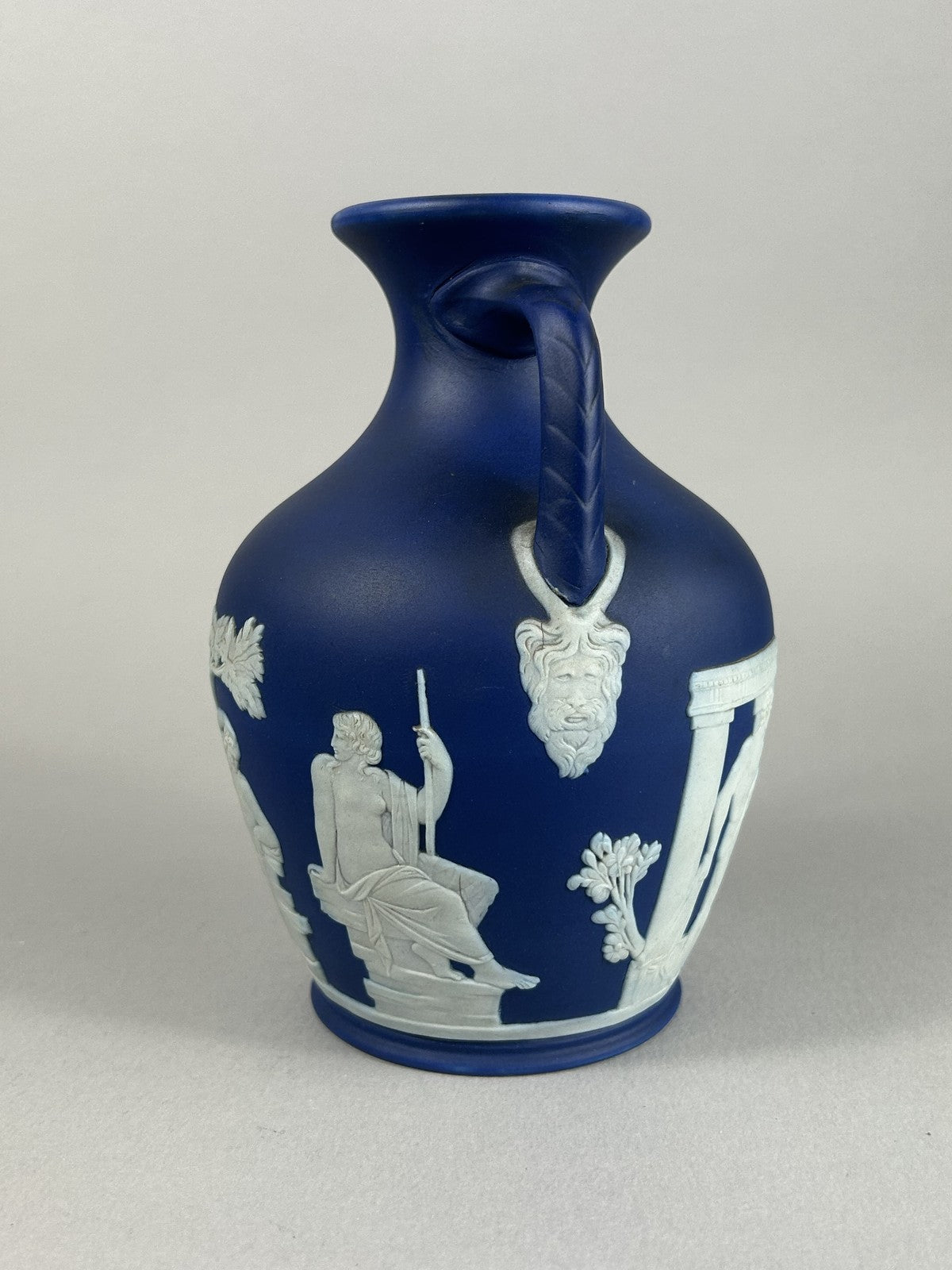 Wedgwood blue jasperware Portland Vase style miniature, 15cm