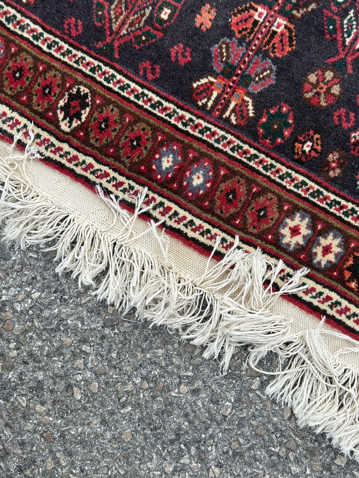 Vintage Oriental Rug Red Navy Central Medallion Floral Pattern Wool Fringed13