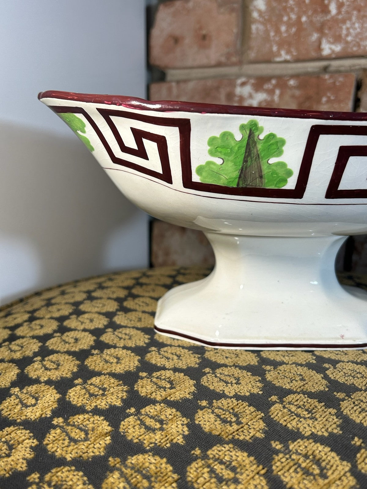 Antique Creamware Footed Dessert Dish Greek Key Green Leaves Octagonal c18102