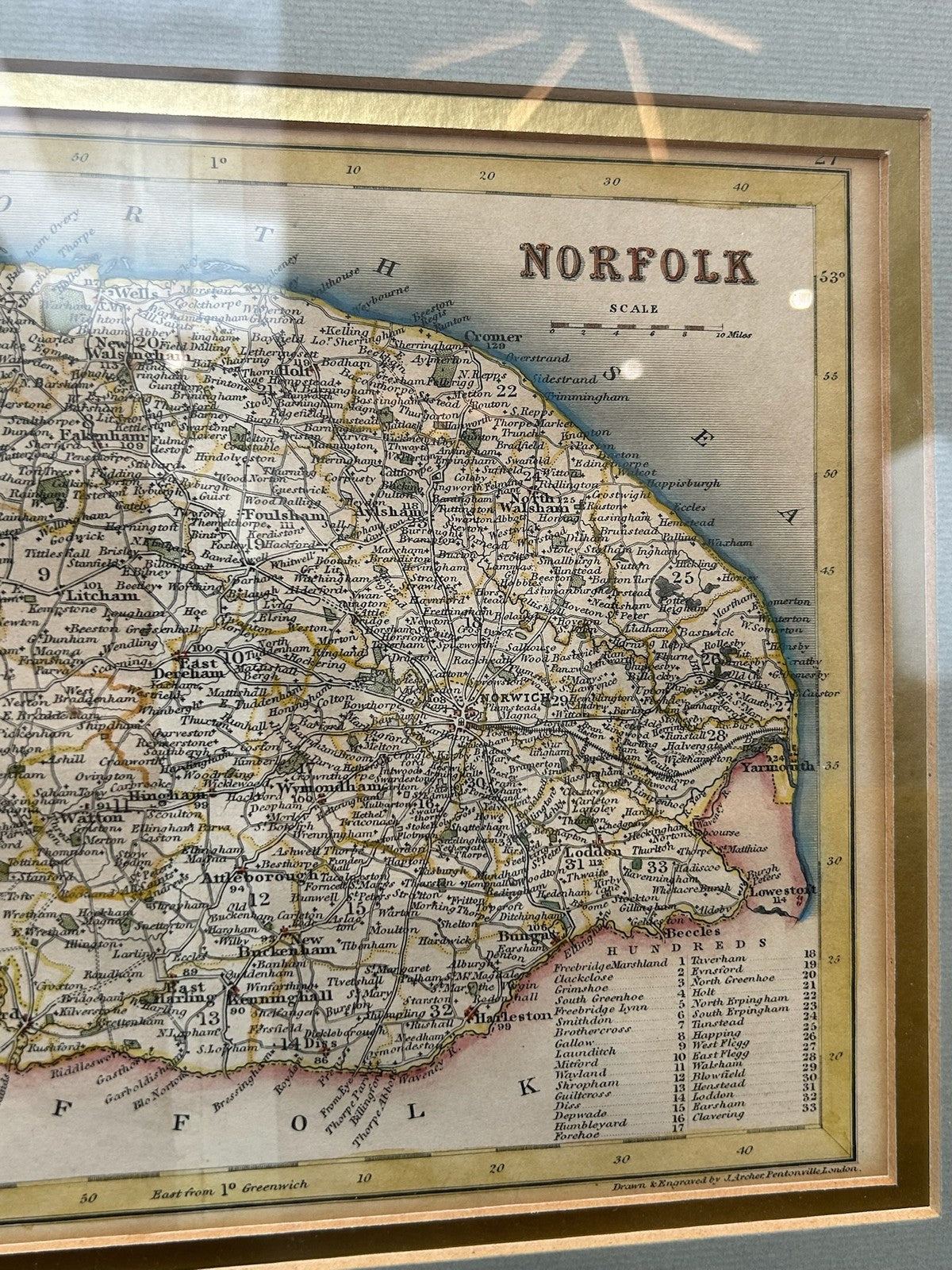 Antique Map of Norfolk H. Cooper 1808 Hand Coloured Miniature Framed4