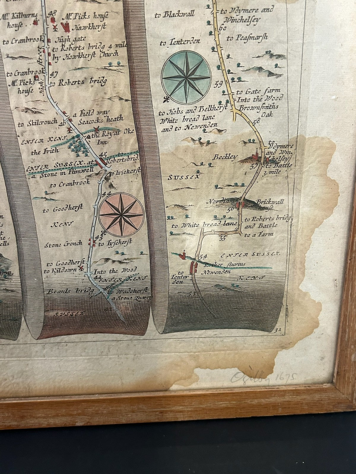 John Ogilby 1675 Road Map London to Rye Sussex Britannia Strip Map Framed6