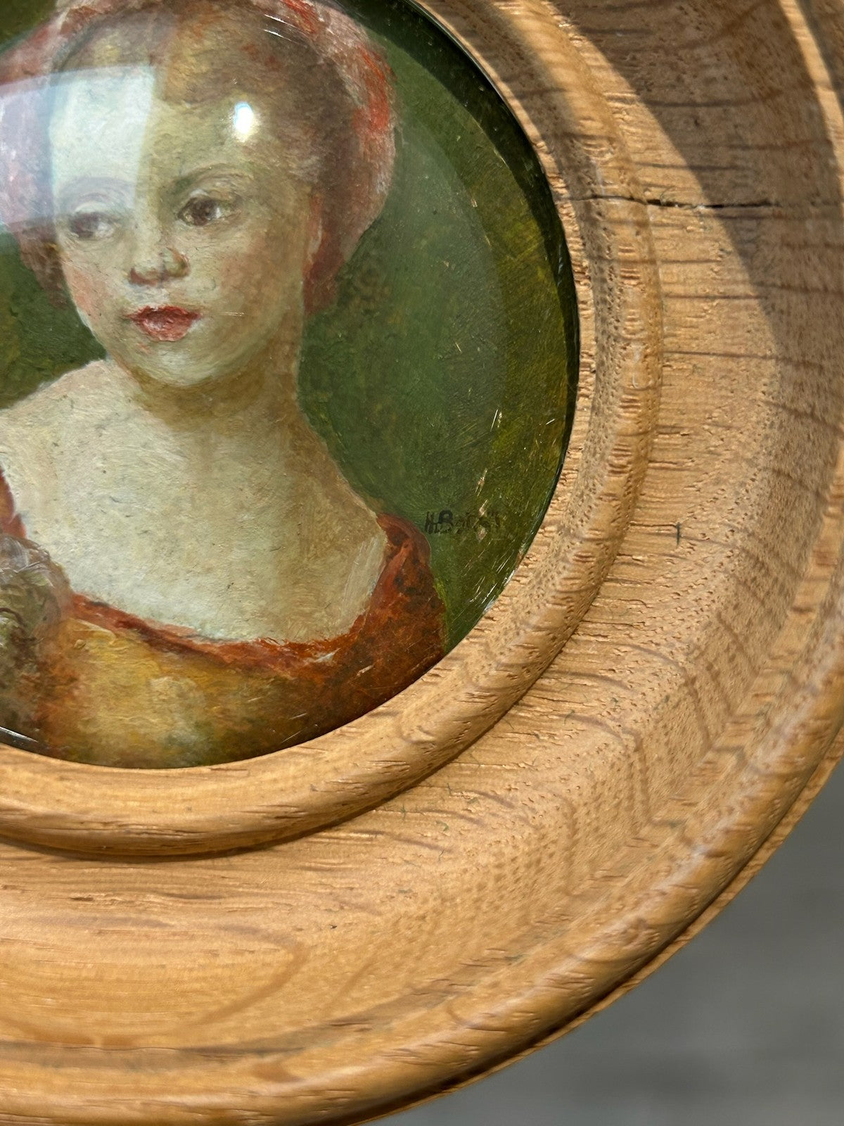 Antique Oil Miniature Portrait Young Girl Treen Wood Frame Convex Glass Signed5