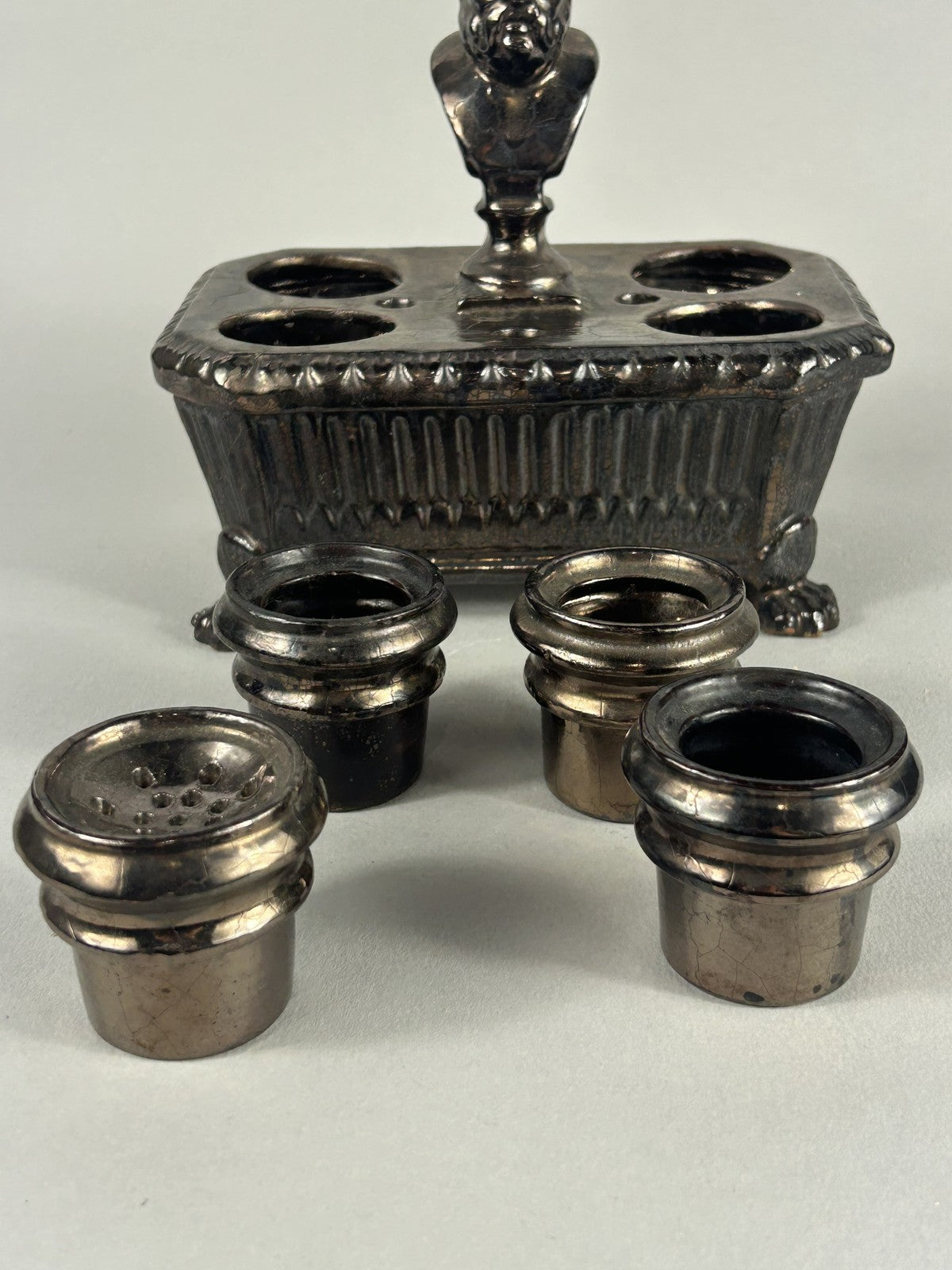 Early Staffordshire Silver Lustre Philosopher Inkstand with Four Pots