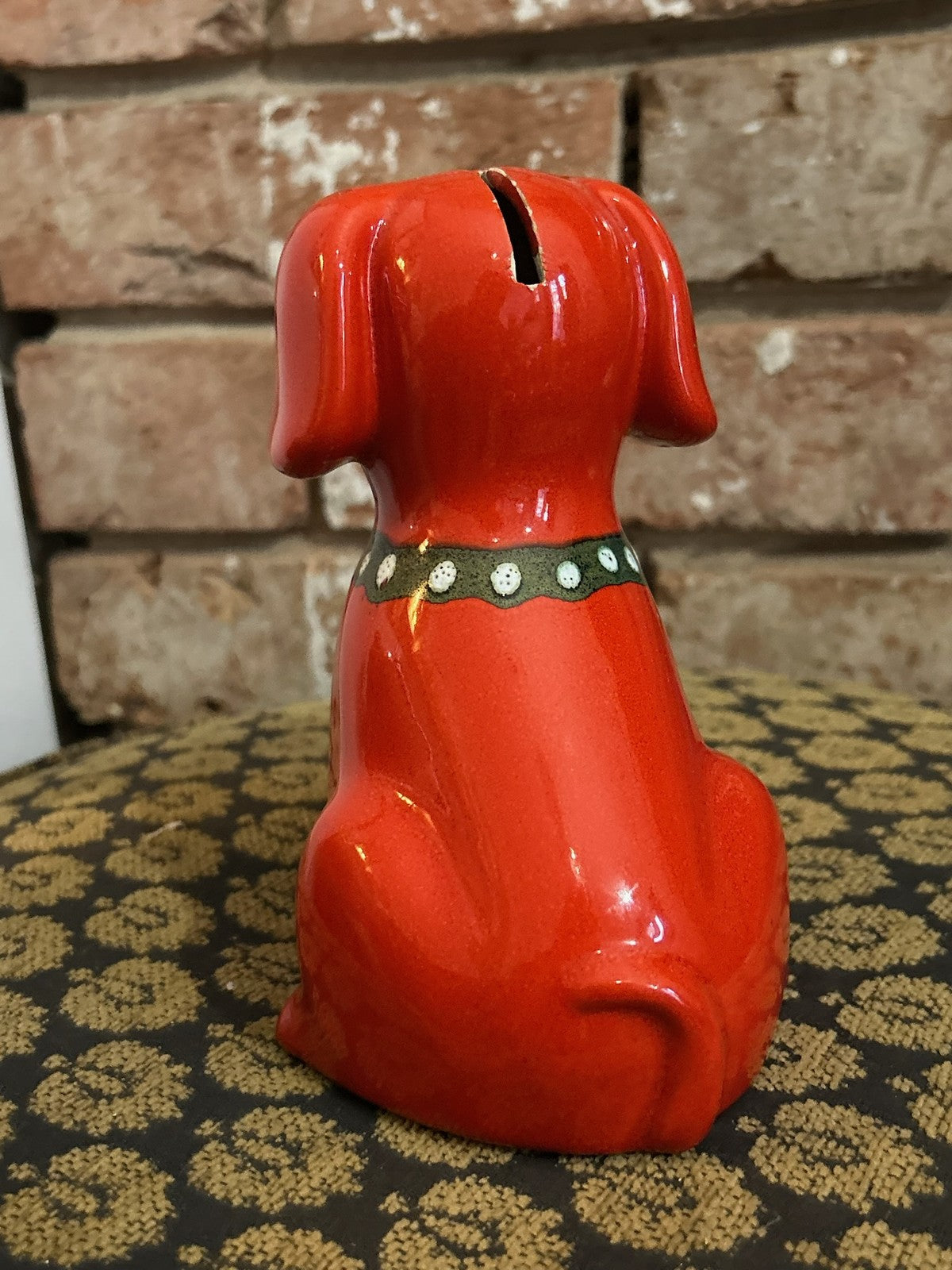 Vintage Red Ceramic Dog Money Box Glossy Glaze Seated Puppy Piggy Bank2