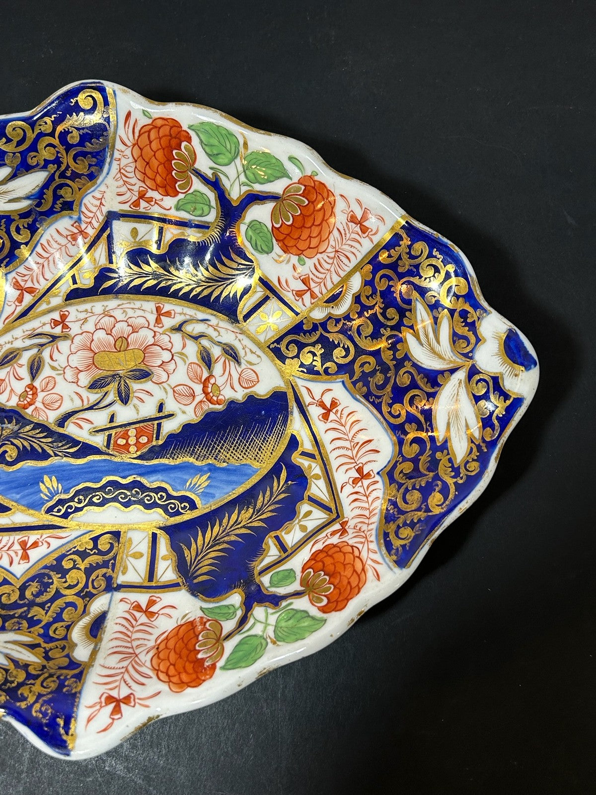 Antique Derby Porcelain Imari Lozenge Dish Pagoda Chinoiserie Red Mark 31cm2