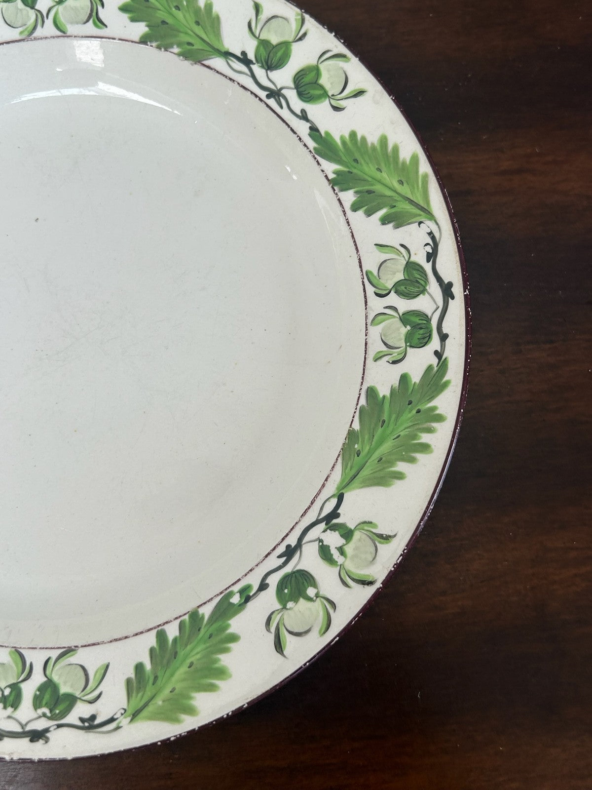 Antique Davenport Creamware Plate Hand Painted Green Vine Leaf Border Impressed2
