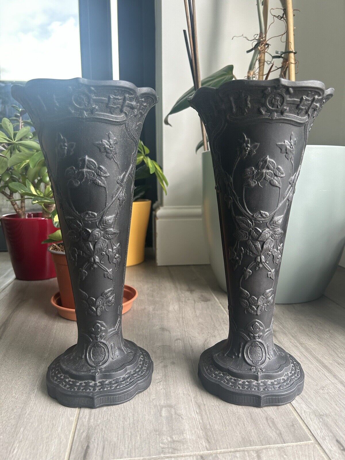 Wedgwood Basalt Vase Pair Black Jasperware Wedgwood Conical Grand Vases