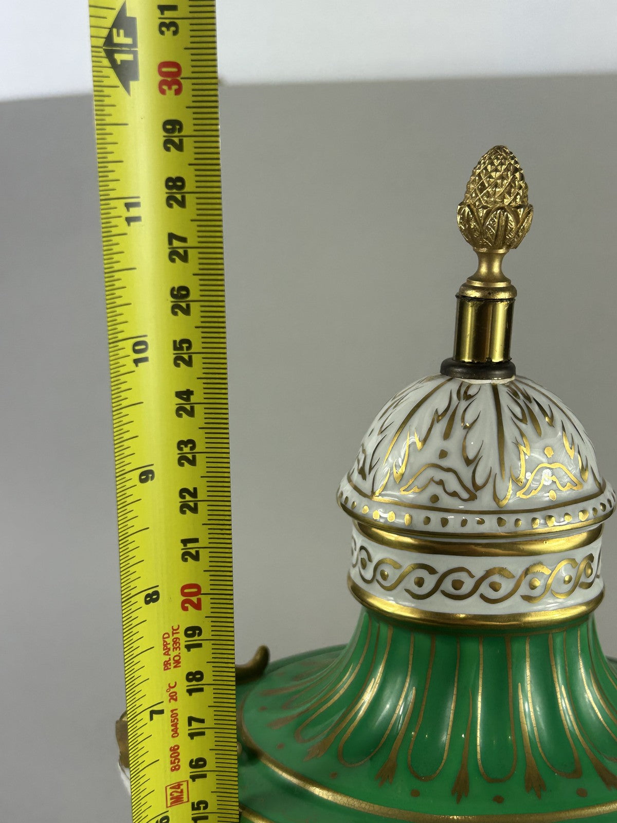 Dresden green porcelain ram’s head lamp base vase with finial