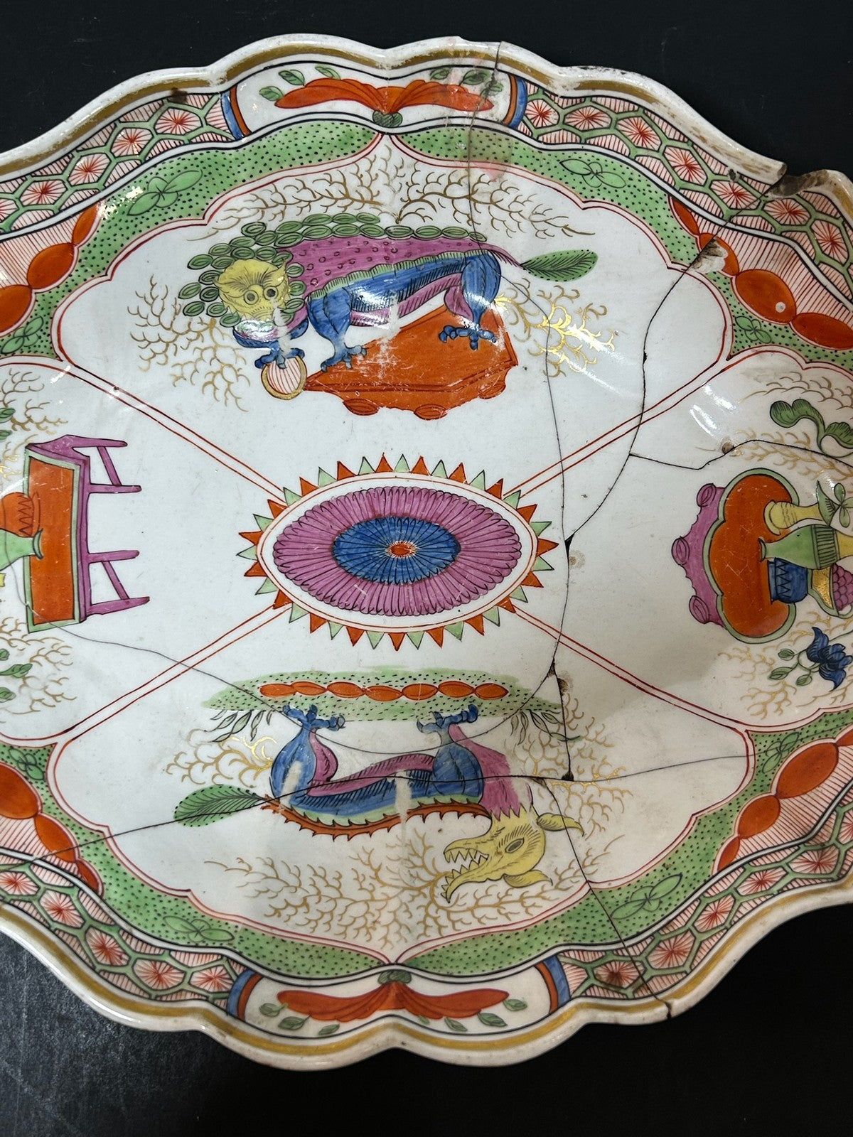 Antique Dragons in Compartments Pattern Lozenge Dish Chinoiserie Regency 30cm AF2