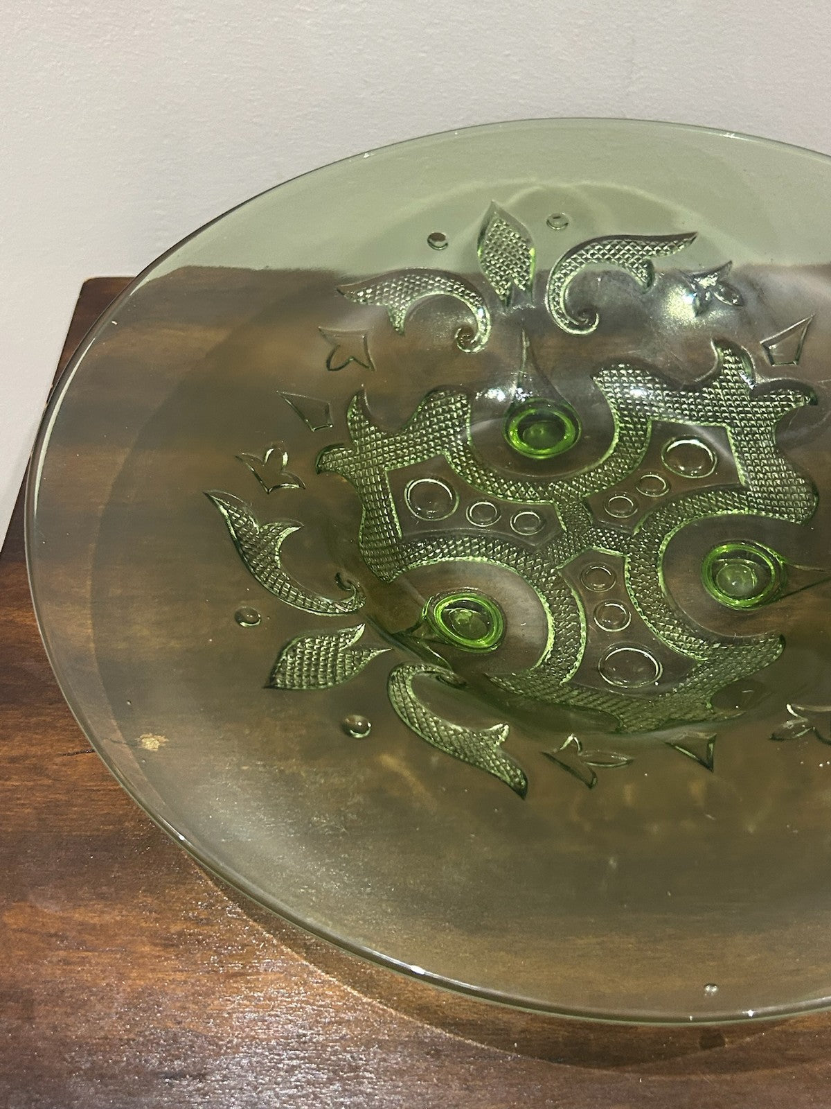 Green Pressed Glass Plate Moulded Dragon Scroll Relief2