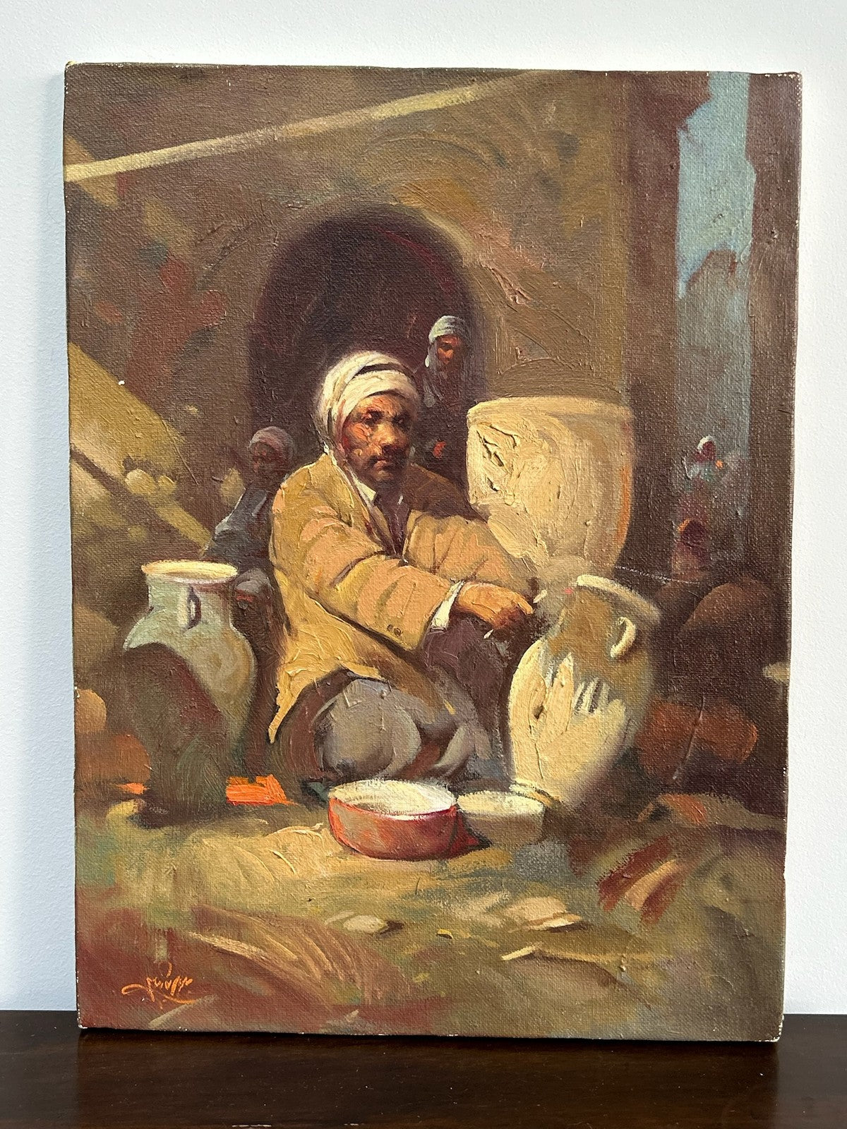 Orientalist Oil Painting Arab Water Seller Among Jars Signed Framed1