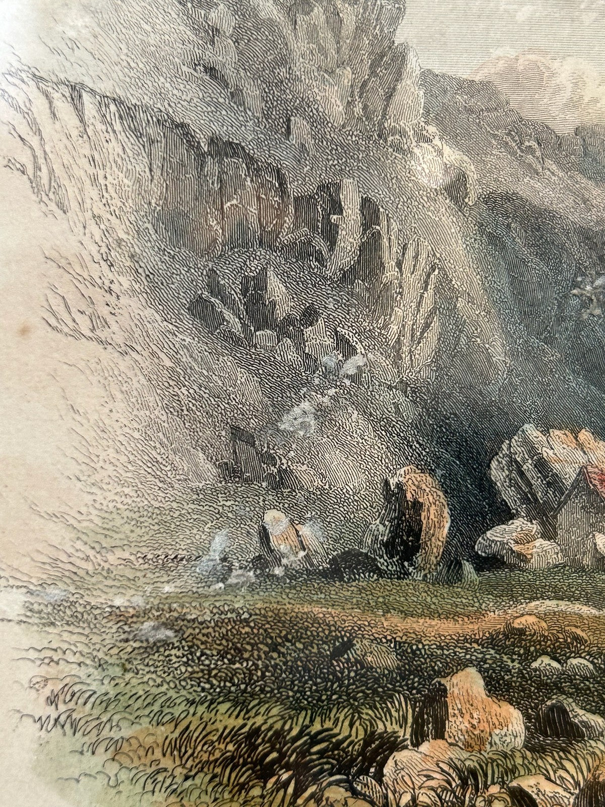 Antique 1865 France Voiron Chartreuse Valley Isere Waterfall Engraving Gilt Fram10