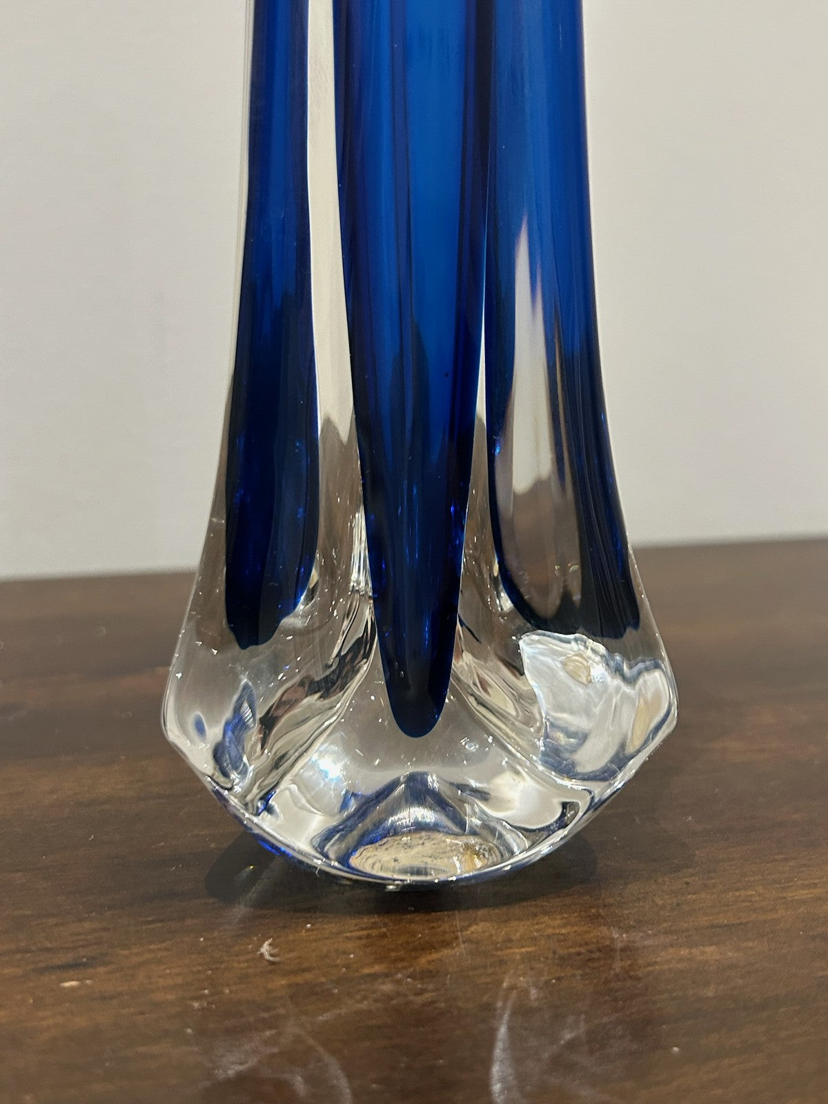 Mid Century Blue Cased Glass Bud Vase Clear Base1