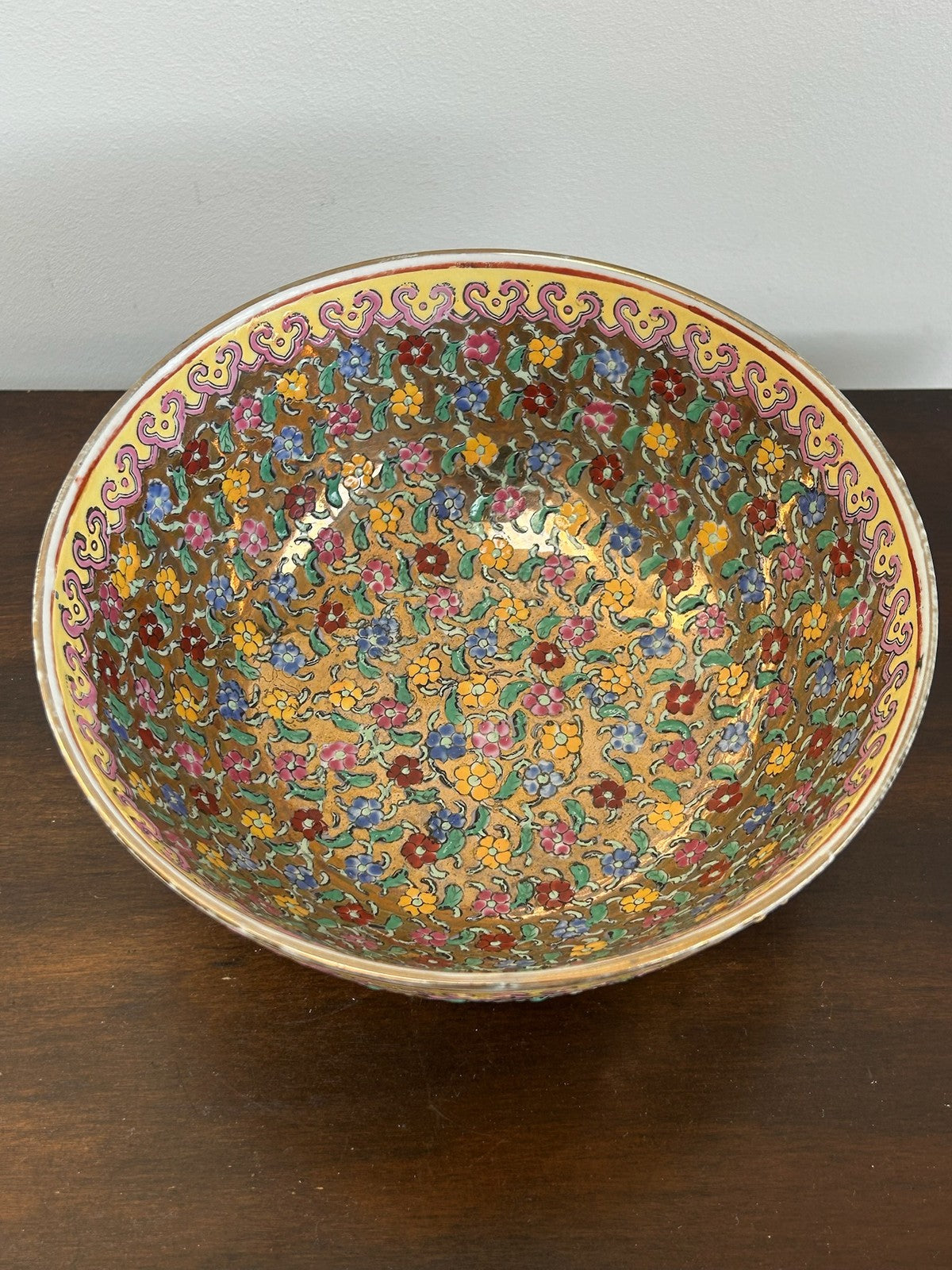 Chinese Famille Rose Footed Bowl Dense Floral Iron Red Seal 20cm2