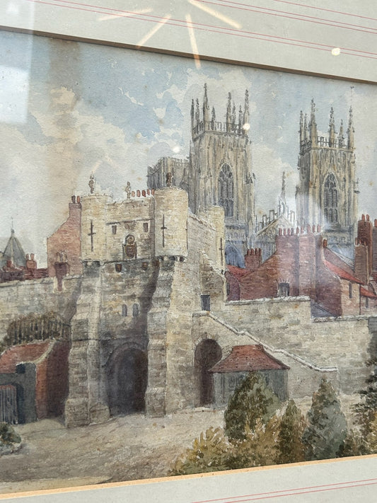 Antique Victorian Watercolour York Minster & City Walls Framed0
