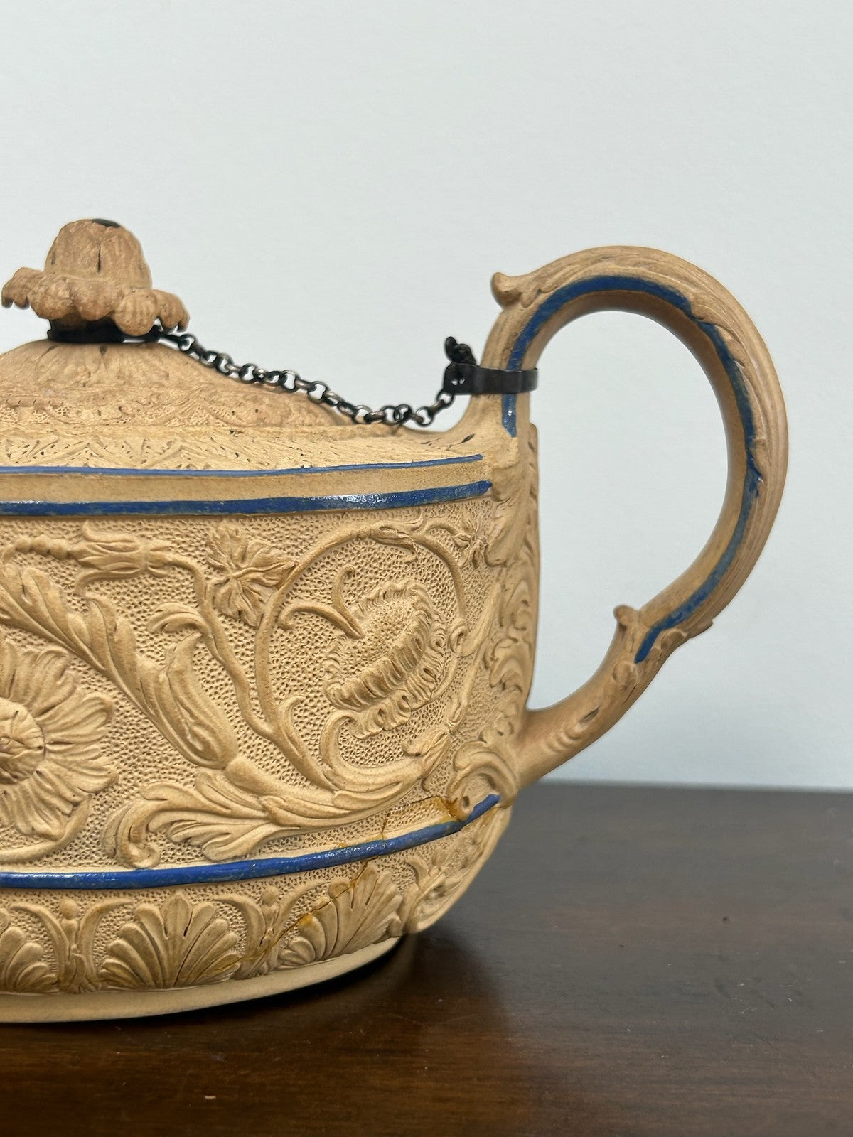 Antique Caneware Teapot Regency c1815 Relief Blue Line Silver Spout Stoneware4
