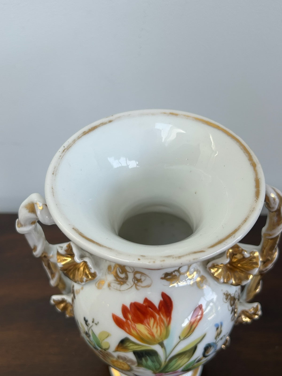 Old Paris Porcelain Twin Handled Vase Hand Painted Floral Gilt Handles3