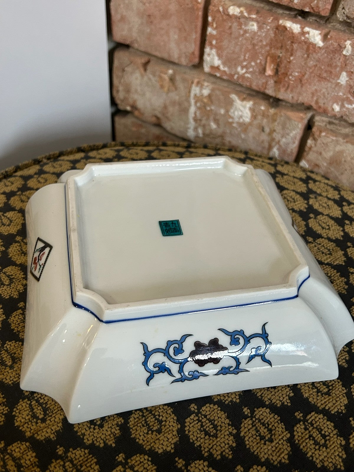 Japanese Kutani Porcelain Square Dish Autumn Bird Kiln Art Showa Hand Painted5