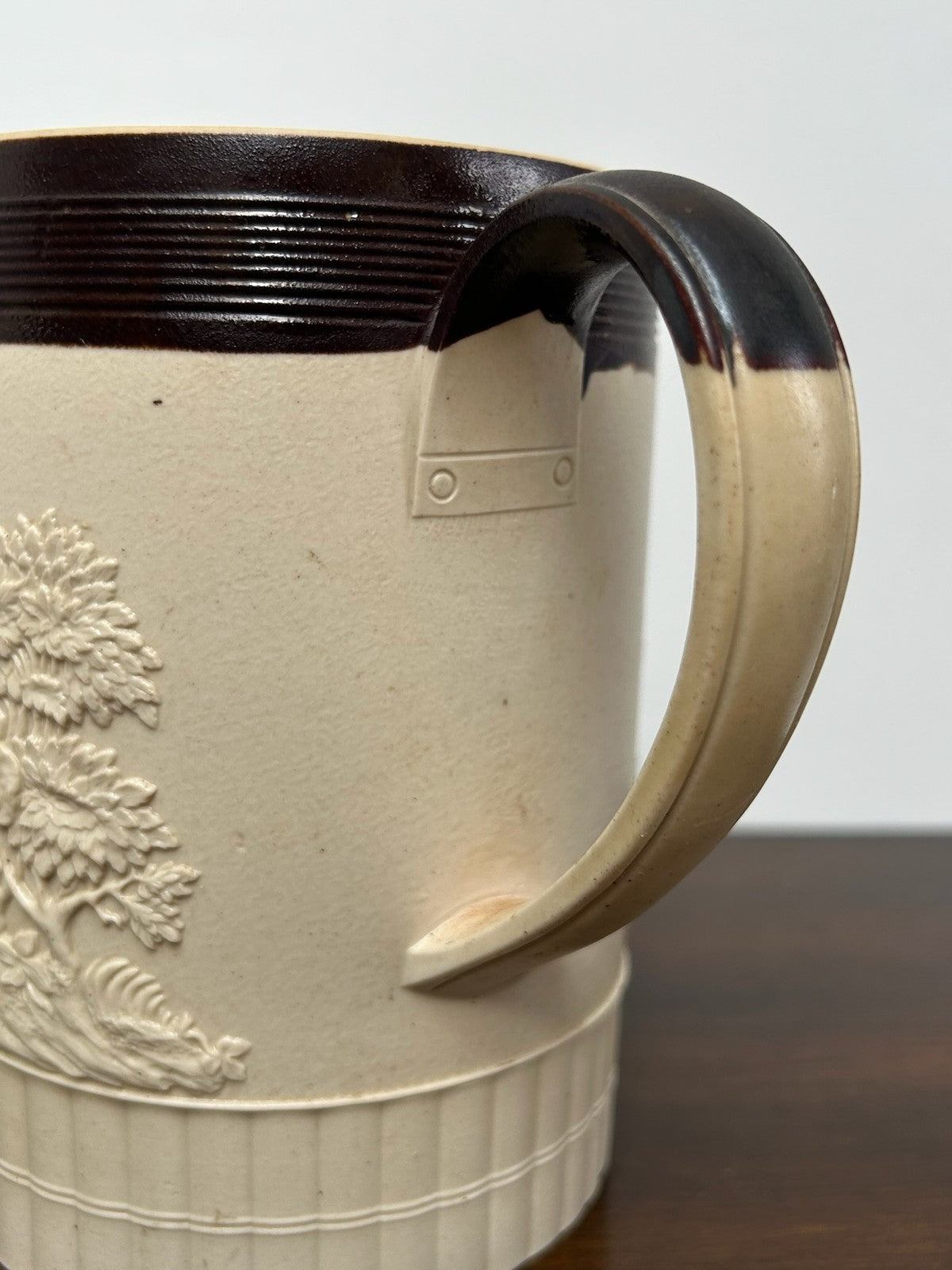 Antique Turner Stoneware Mug 16cm Sprigged Sporting Relief Georgian Drab3