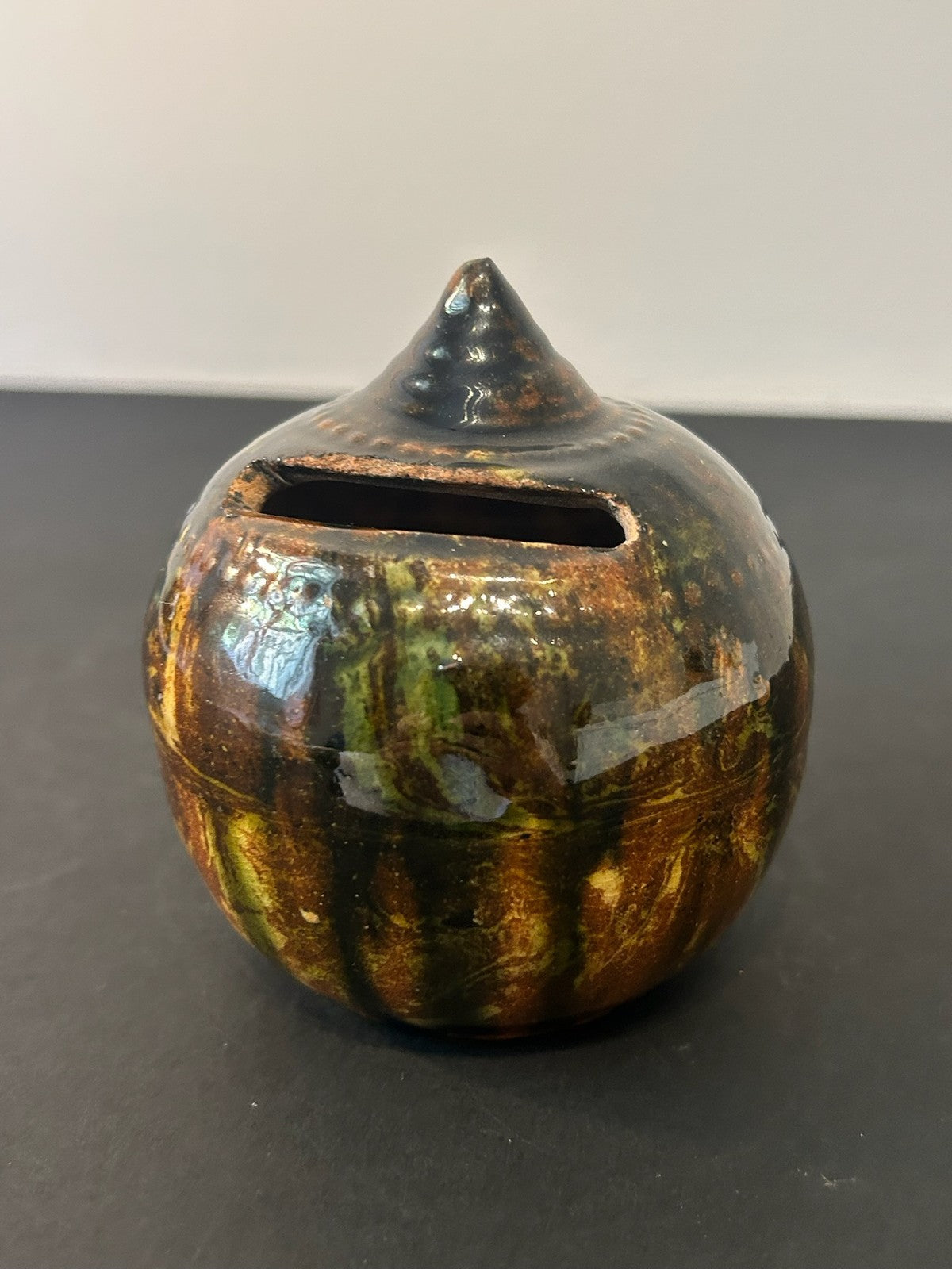 Antique 19th Century Pottery Beehive Money Box Knop Finial Mottled Treacle Glaze0