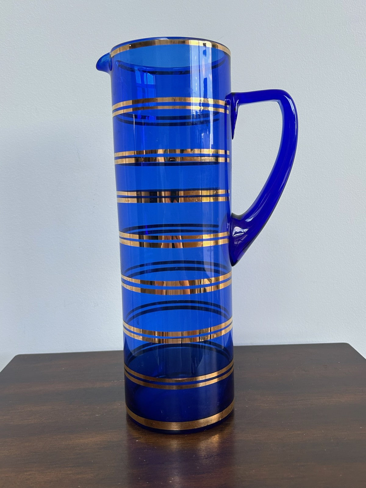Bohemian Hand Blown Cobalt Blue Glass Jug Gilt Bands3