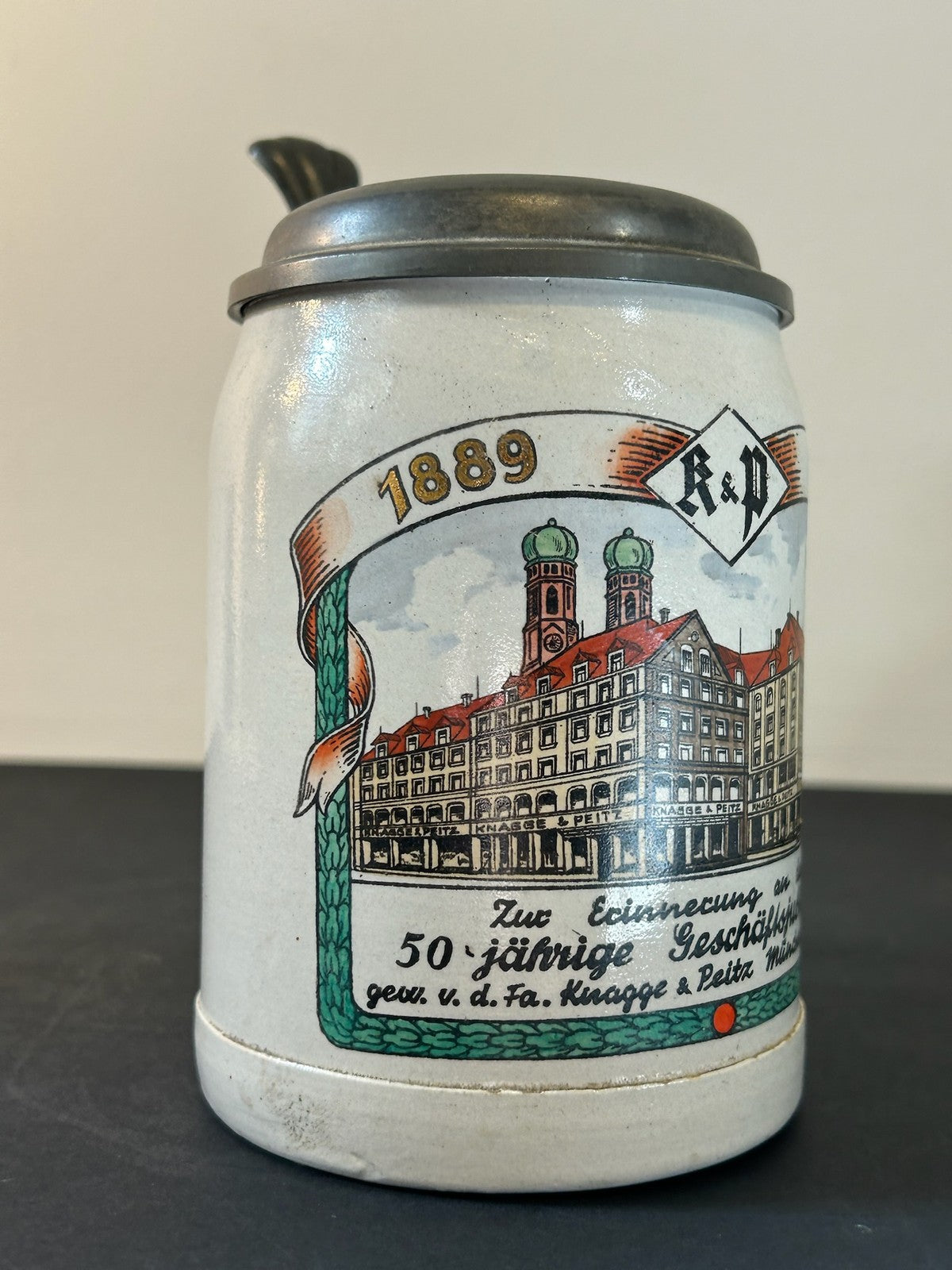 1939 Knagge & Peitz Munich 50 Year Jubilee Stoneware Beer Stein Pewter Lid6