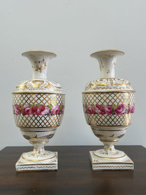 Pair Royal Crown Derby Hand Painted Porcelain Vases Antique English Marks