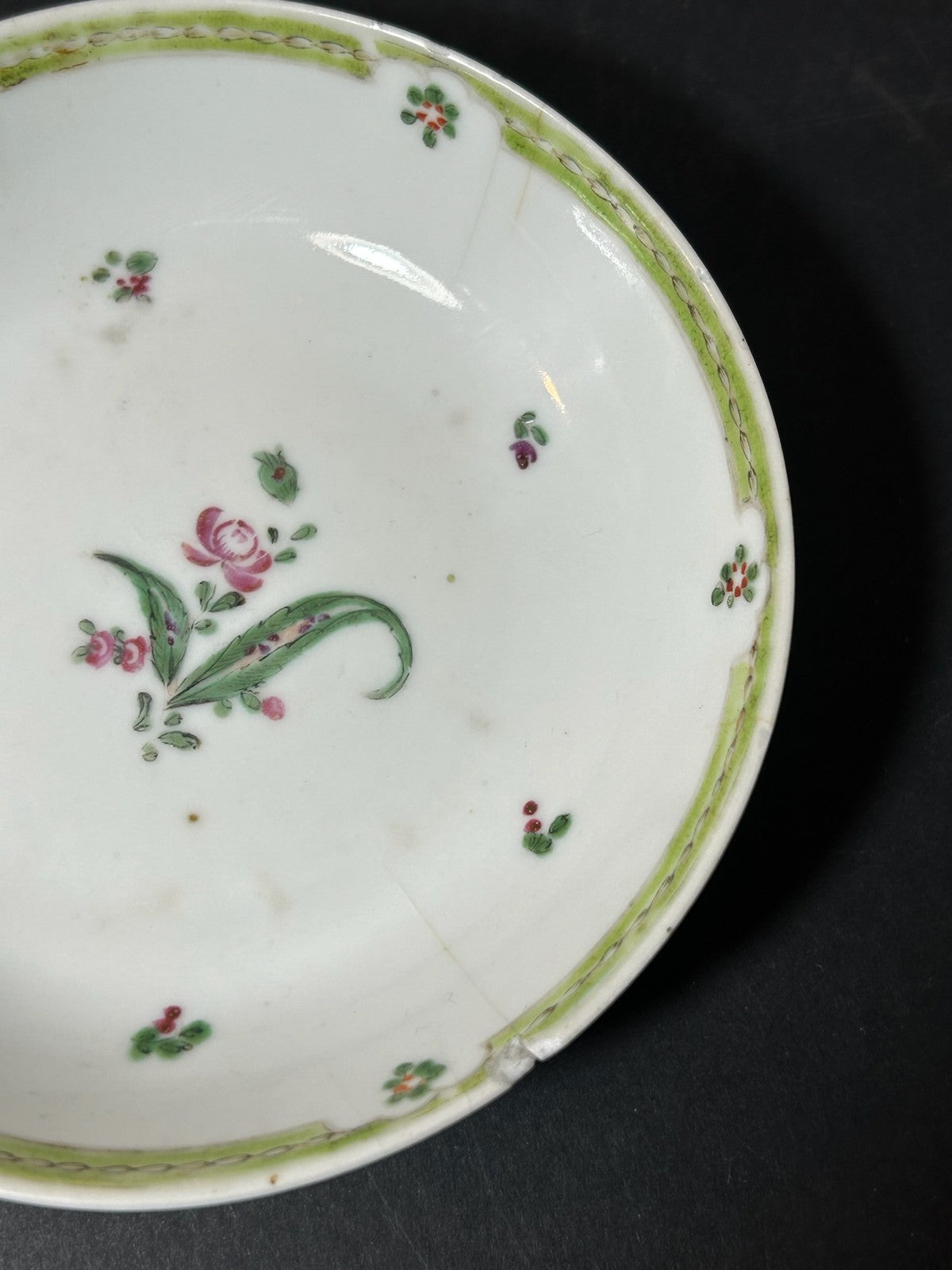 Antique Porcelain Saucer Green Border Puce Flower Sprigs 13cm A/F2