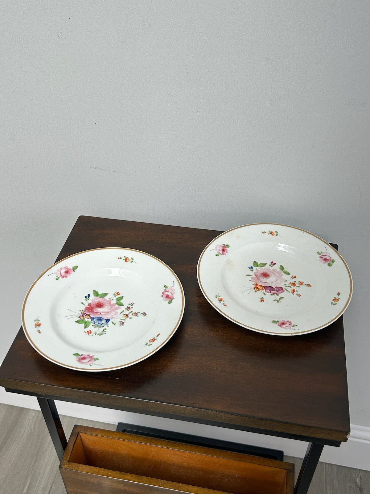 Pair Antique Derby Porcelain Dessert Plates Pink Roses Red Crown Mark c.18100
