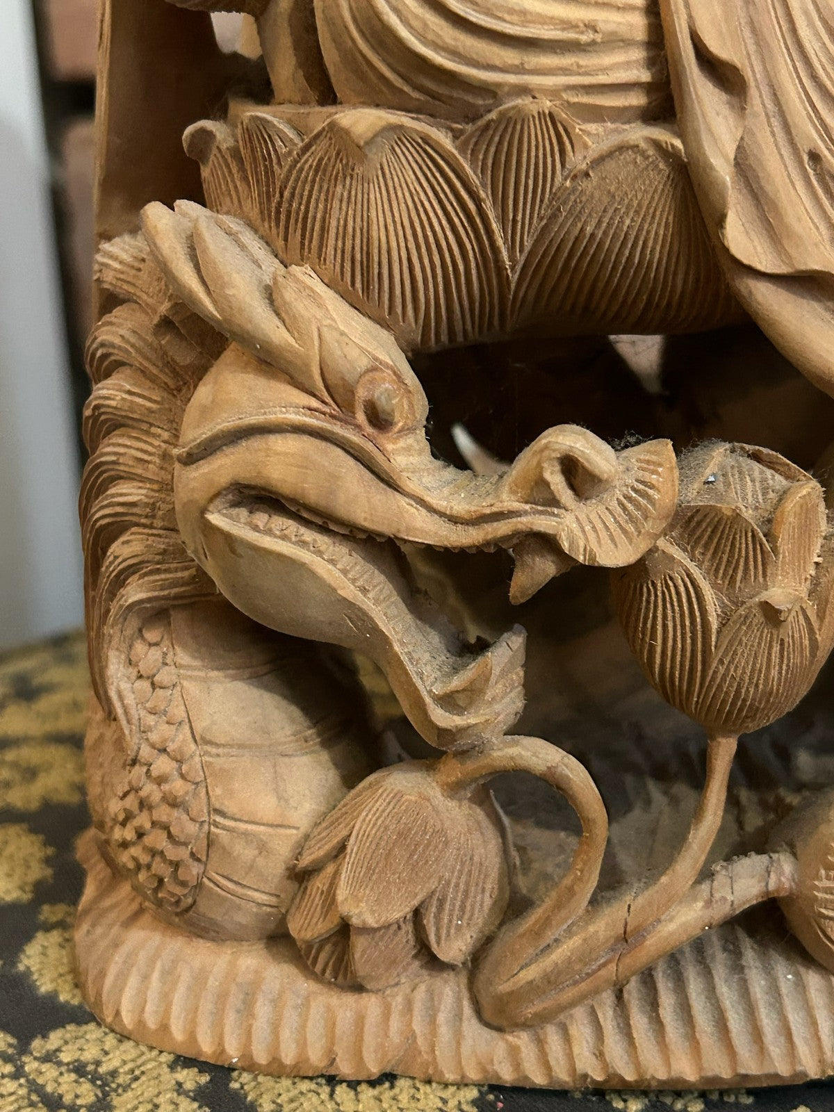 Chinese Carved Wood Guanyin Figure Group Dragons Lotus Deeply Carved Panel7