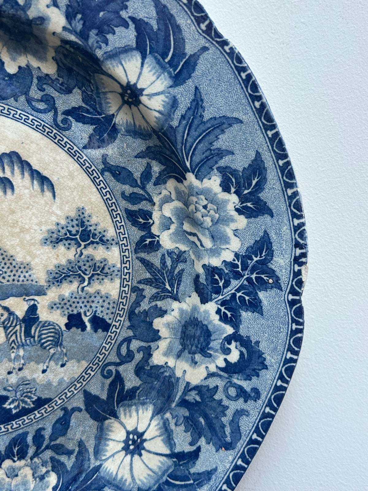 Antique Staffordshire Blue White Transferware Plate c1825 Floral Border Scene4