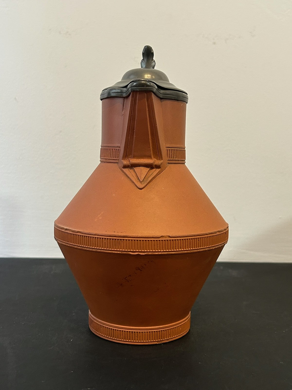 Antique Watcombe Torquay Terracotta Jug Pewter Lid Registered Design 1872 23cm1