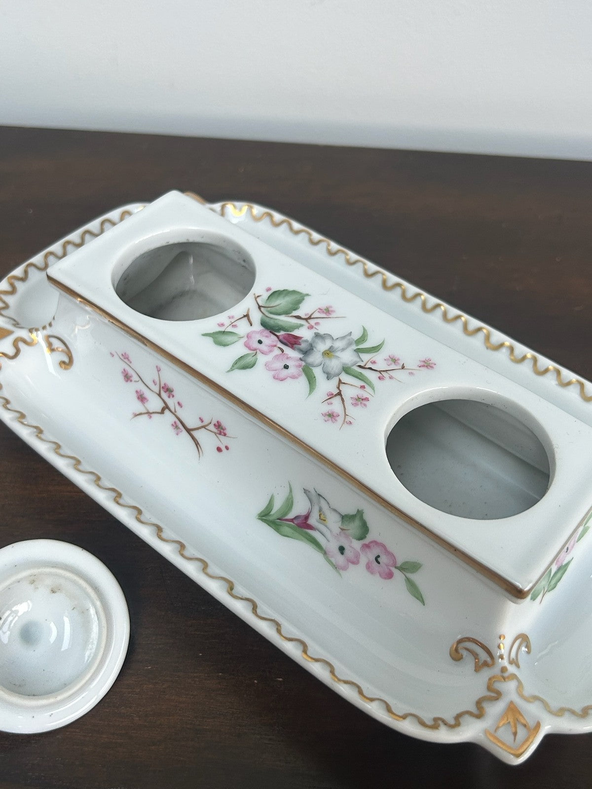 Continental Porcelain Inkstand Pen Tray Prunus Floral Gilt with Lids8