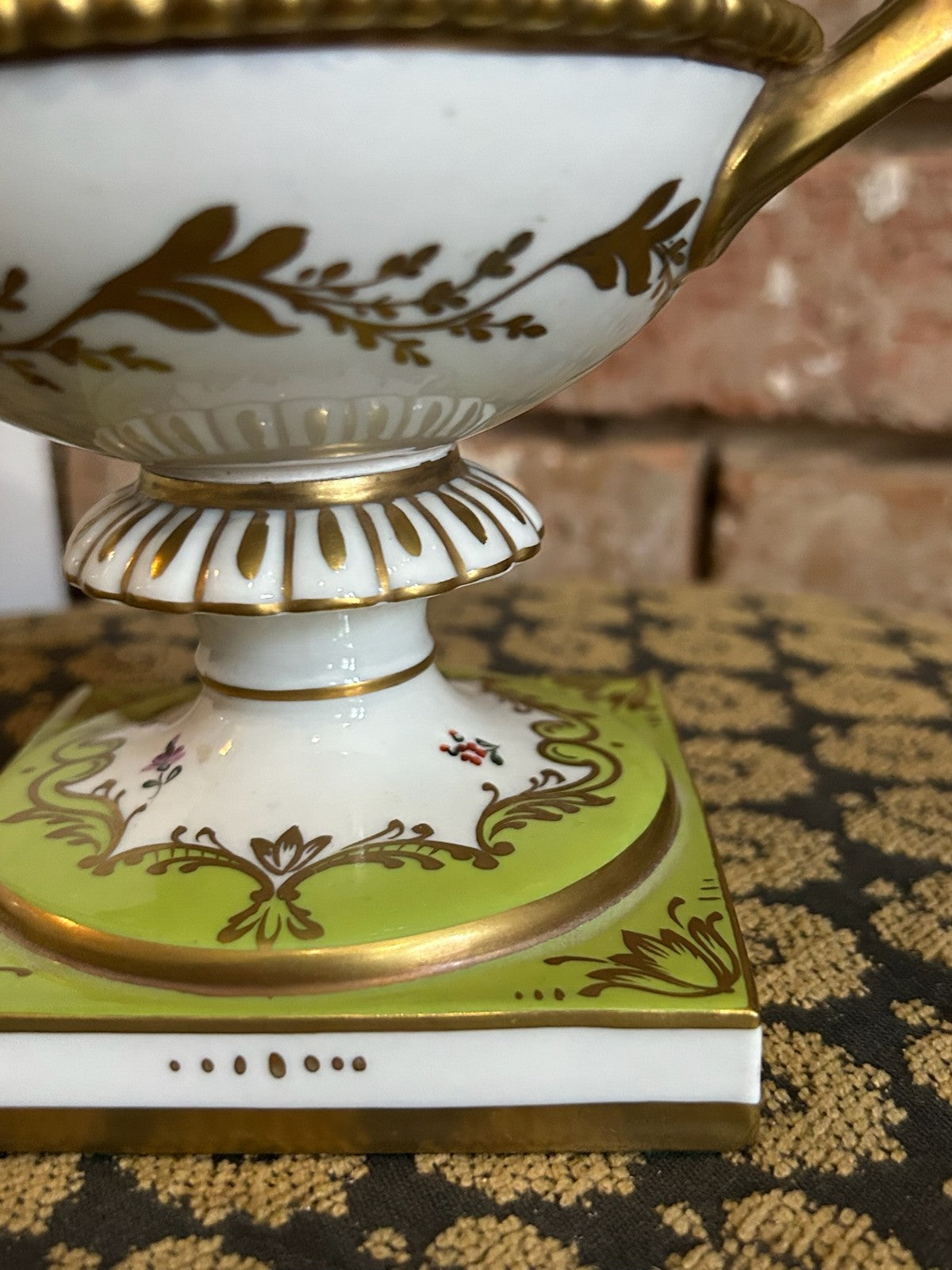 Dresden Porcelain Twin Handled Campana Urn Green Gilt Floral Reserves Plinth11