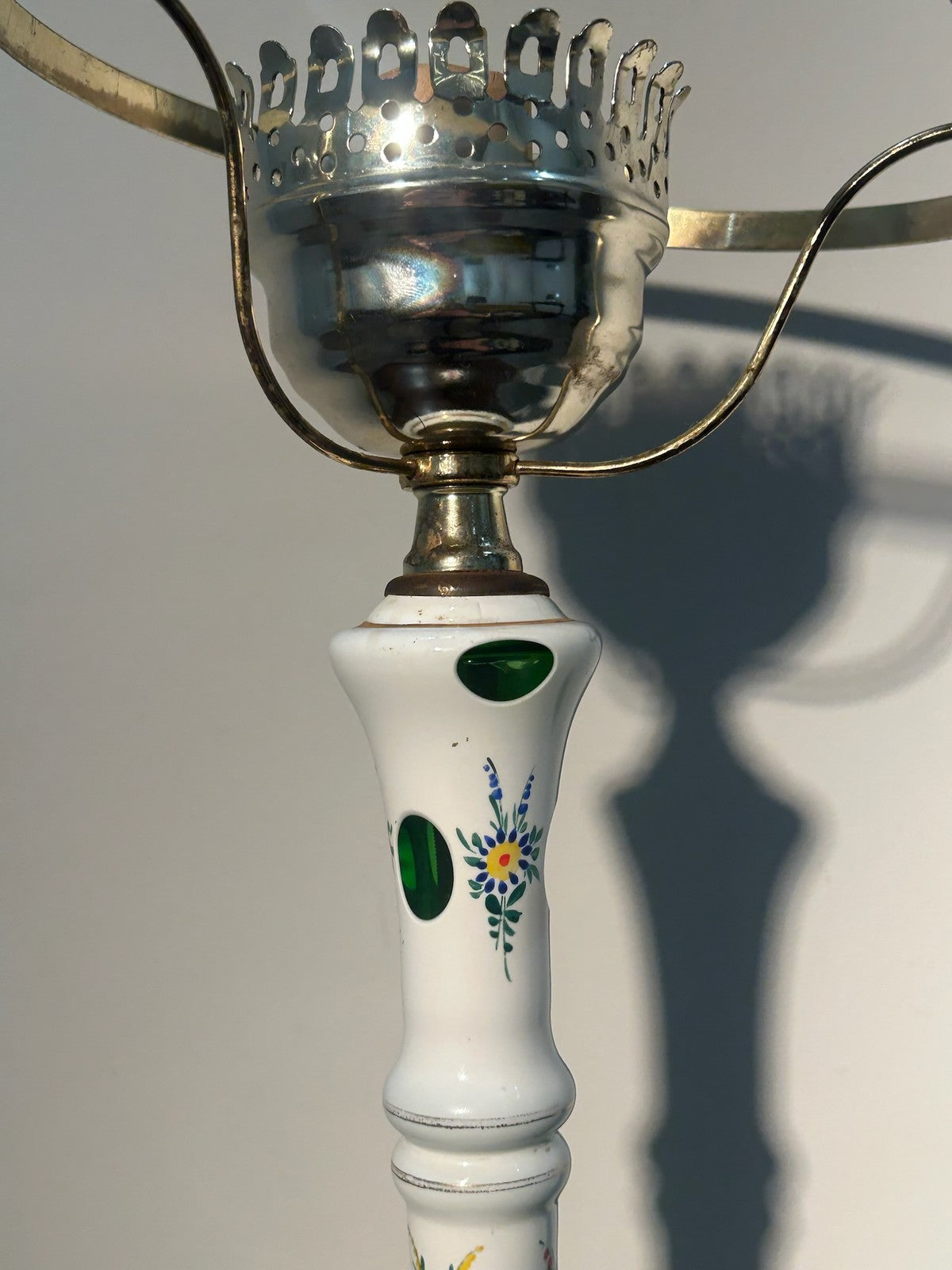 Antique Bohemian Overlay Glass Oil Lamp White Cut Green Hand Enamelled Brass12