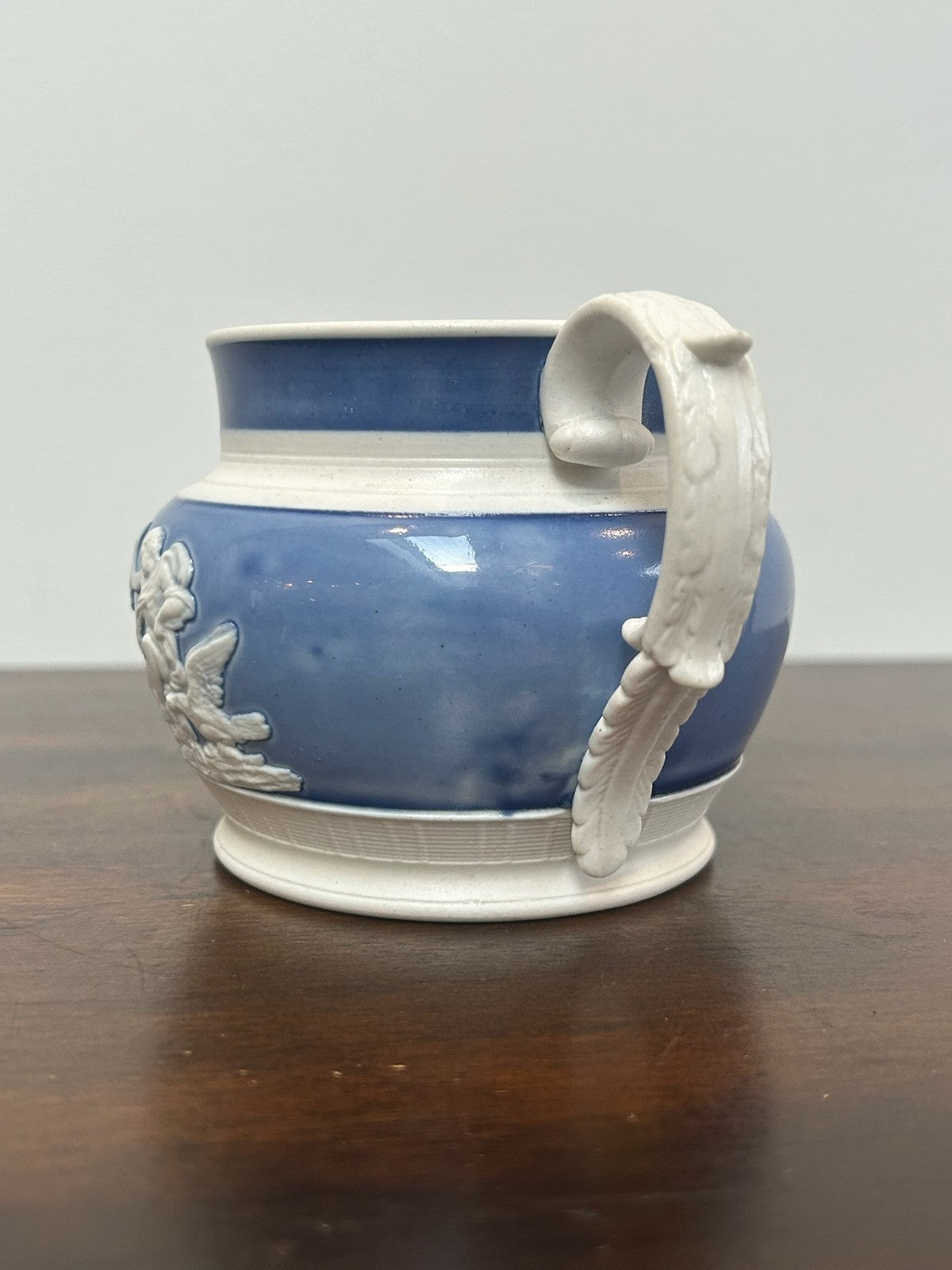 Antique Blue Feldspathic Stoneware Jug White Classical Sprig Relief c1820 Turner3