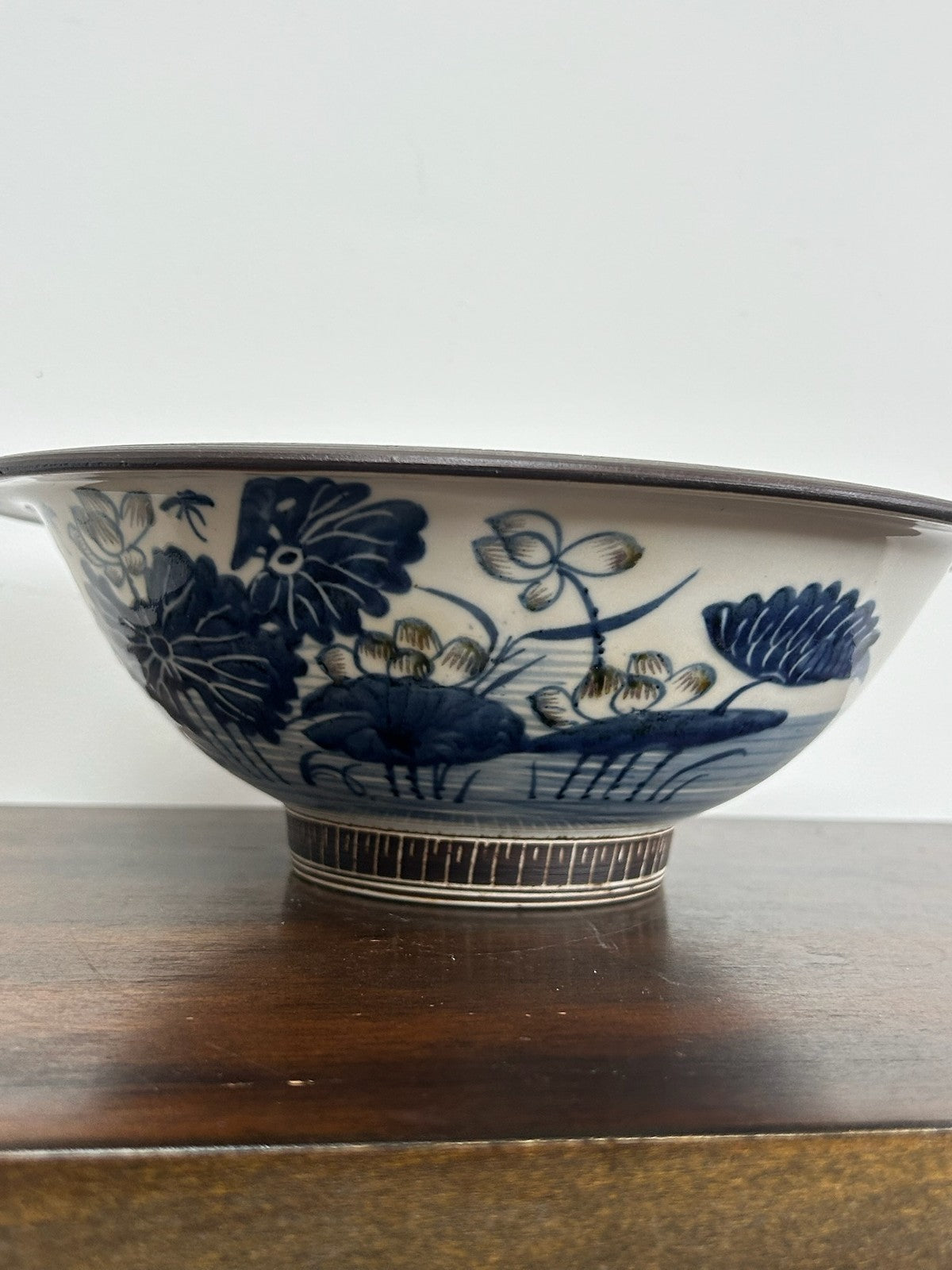 Antique Chinese Bleu de Hue Lotus Pond Bowl Metal Rim Vietnamese Market 26cm8