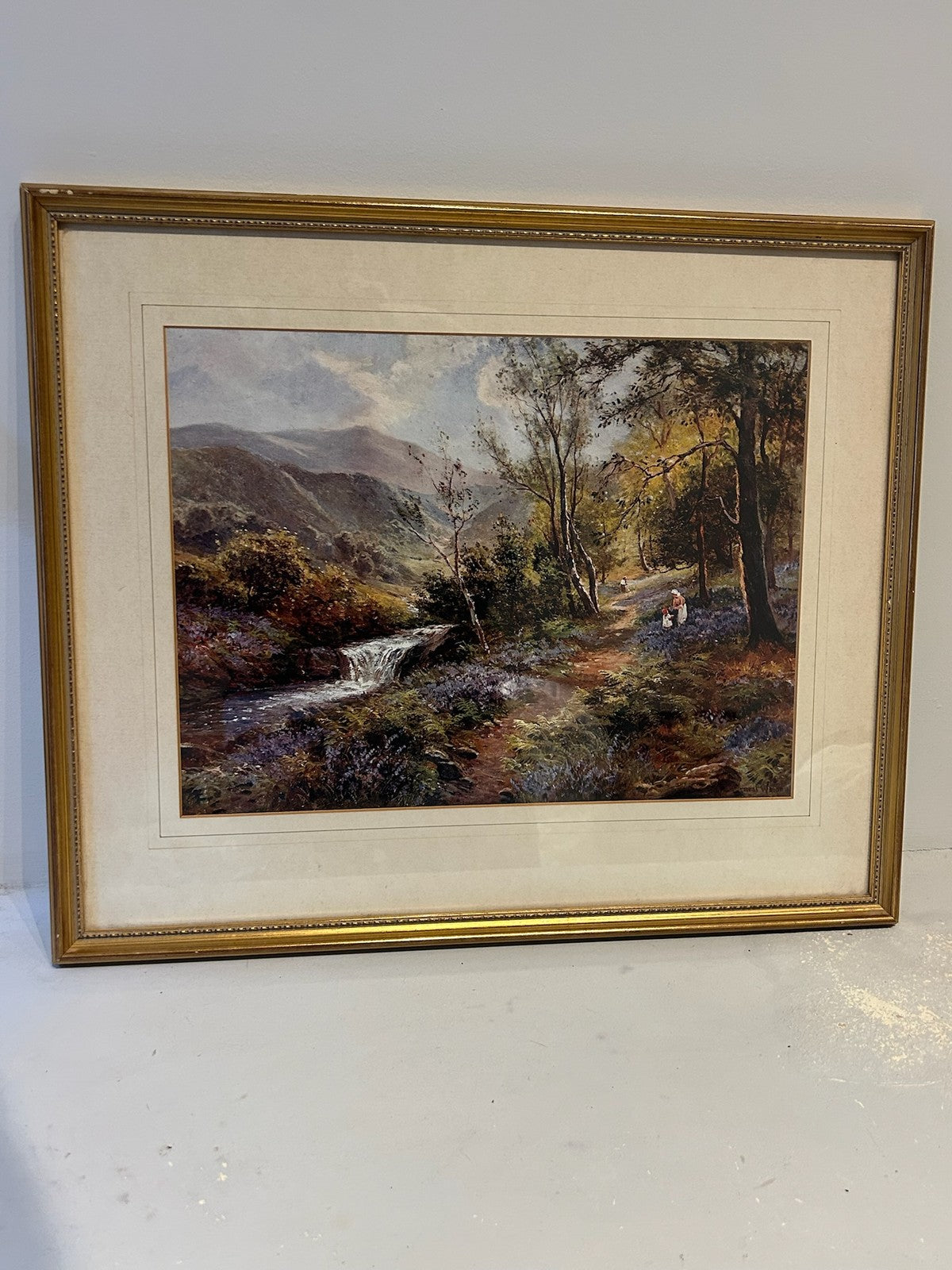Antique Colour Print Autumn Woodland River Landscape Highland Stream Framed 56cm0