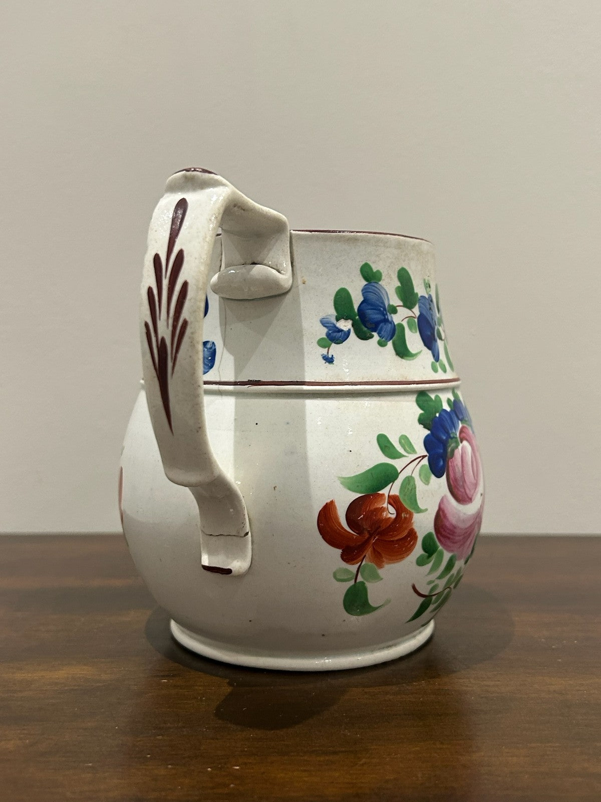 Georgian Pearlware Jug Hand Painted Enamel Pink Roses Blue Band c.18203