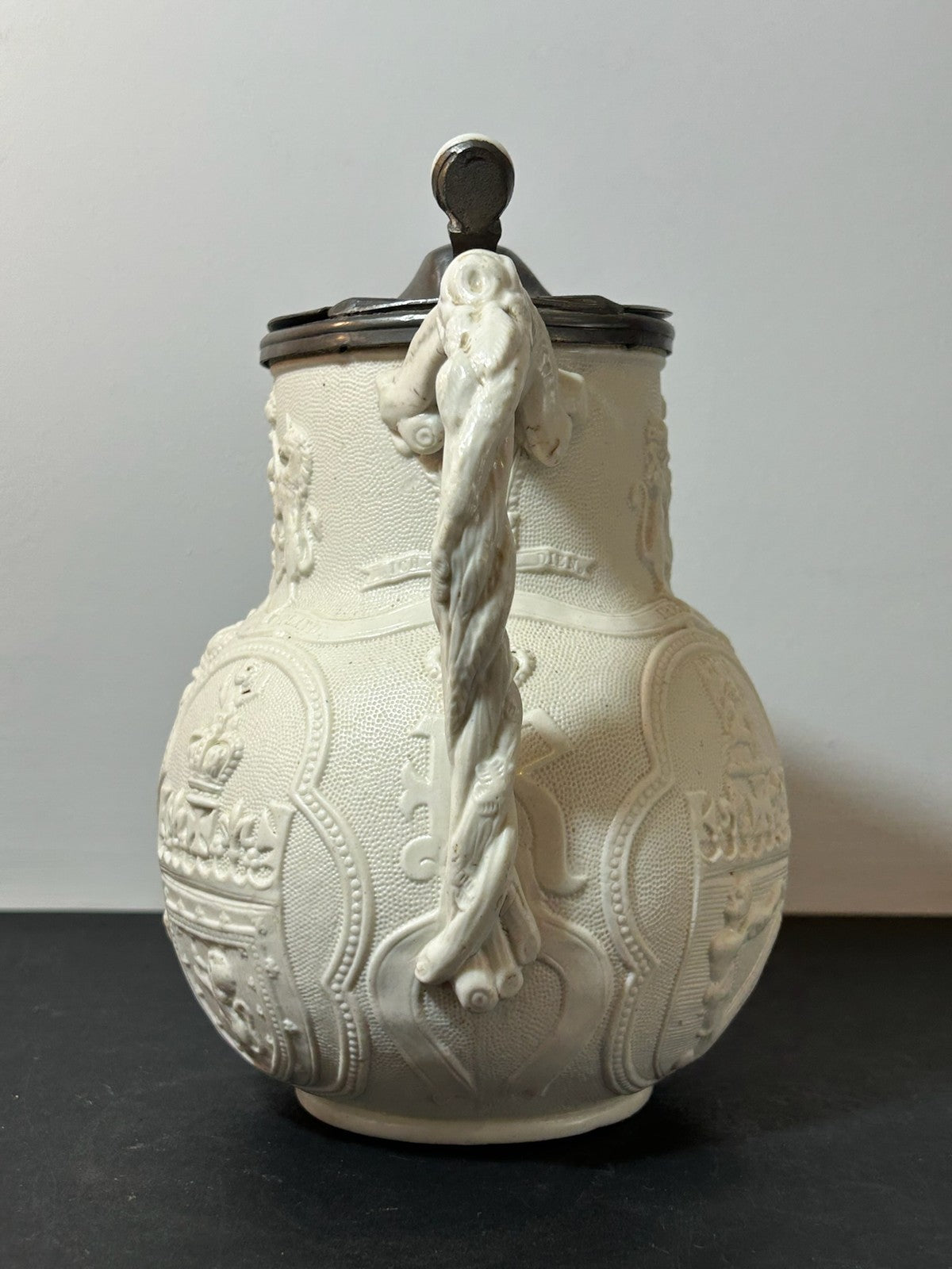 Victorian Relief Moulded Stoneware Jug Pewter Lid Gothic Figures Cobridge 18633
