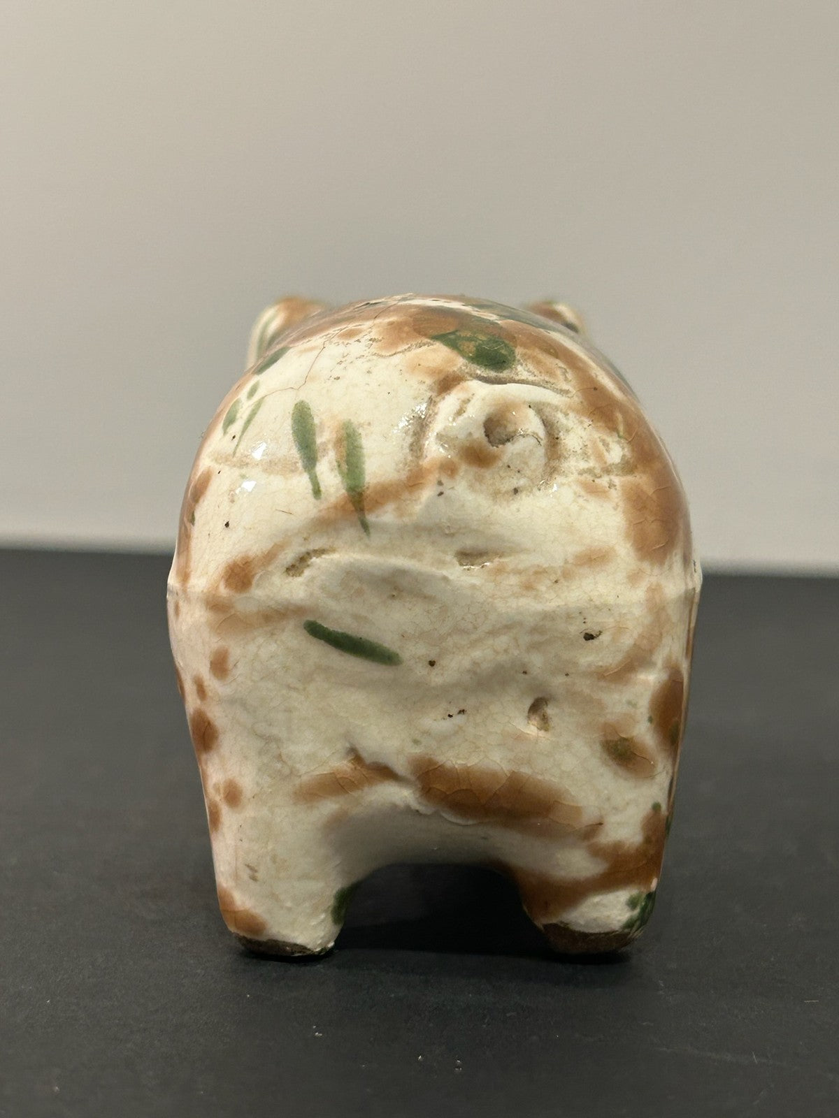 Antique 19th Century Spongeware Pottery Pig Money Box Green Brown Sponged 12cm4