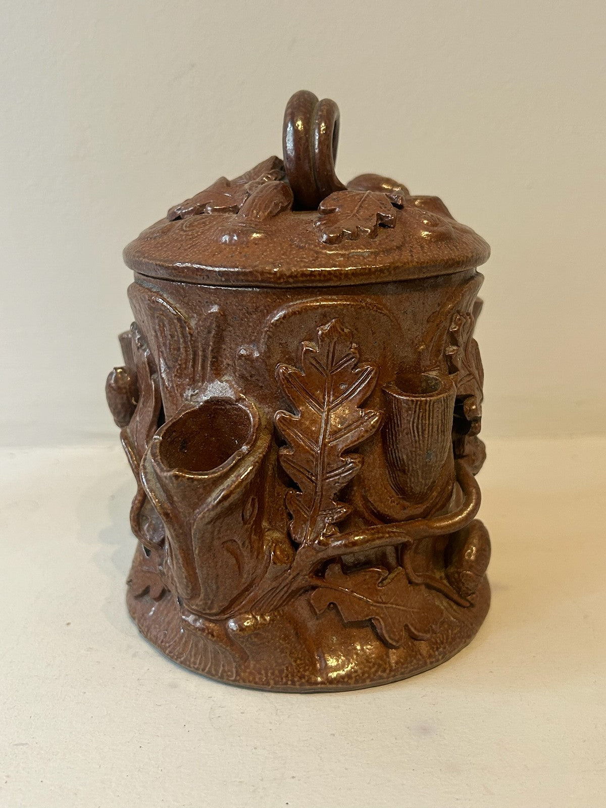 Antique 19thC French Salt Glazed Stoneware Tobacco Jar Oak Branch Acorn 14.5cm4