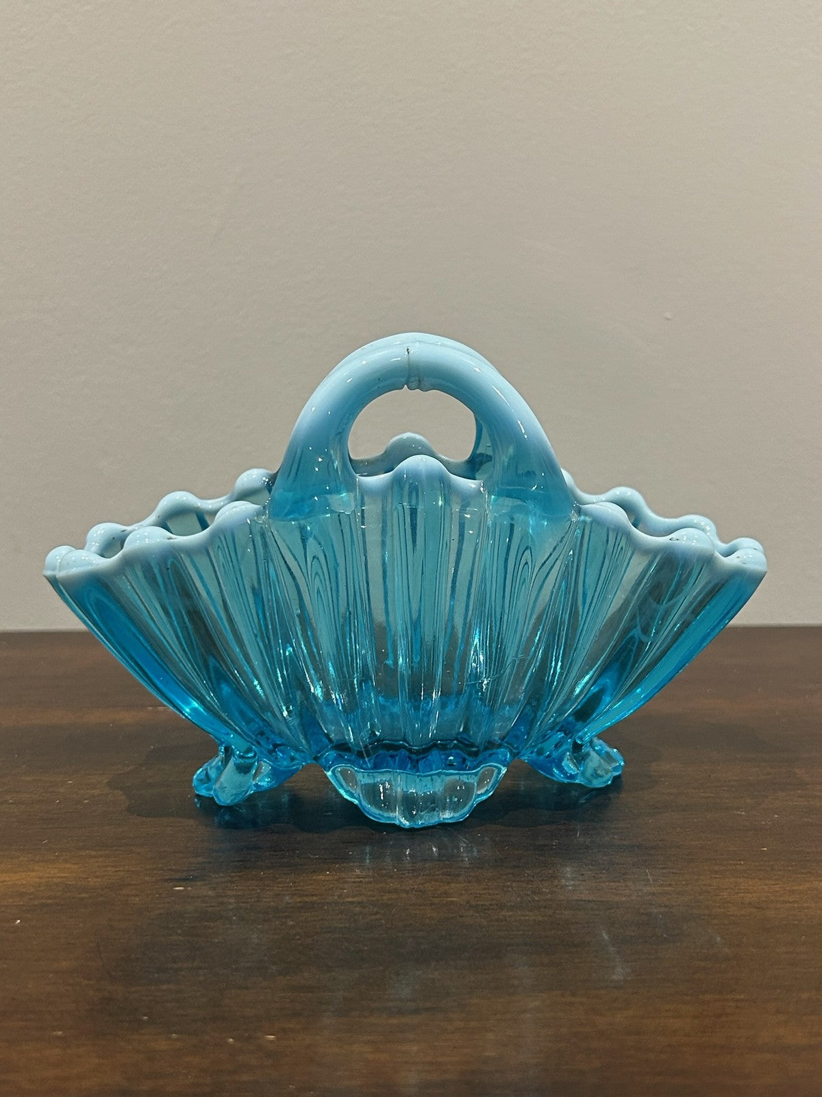 Pair Victorian Blue Pearline Opalescent Glass Basket Vases3