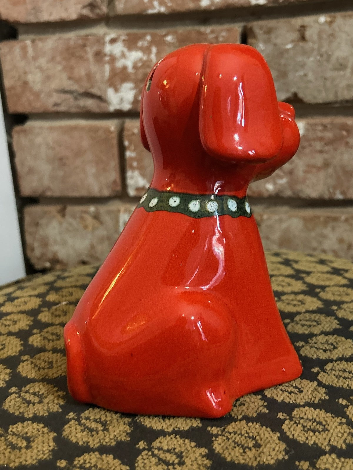 Vintage Red Ceramic Dog Money Box Glossy Glaze Seated Puppy Piggy Bank1
